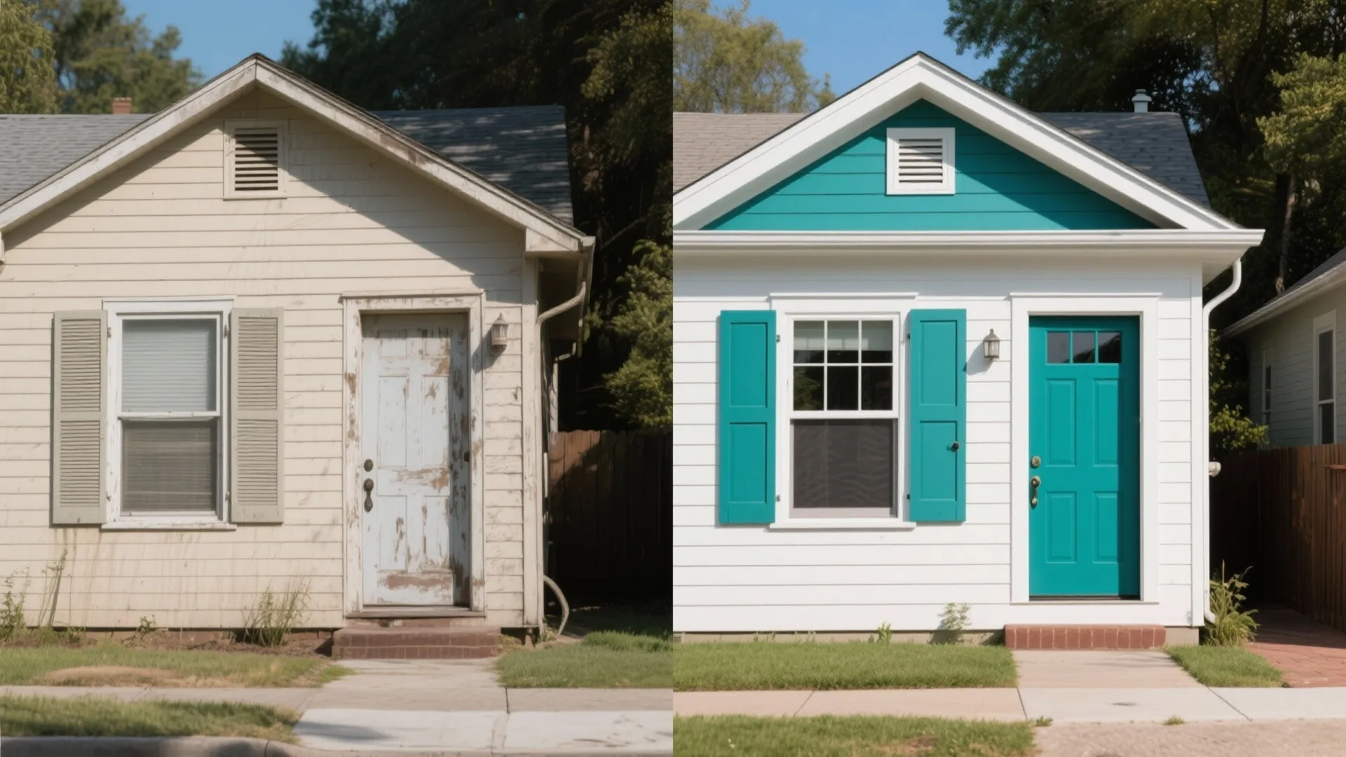 Before and after side by side comparison of a house renovated with white paint and shutters