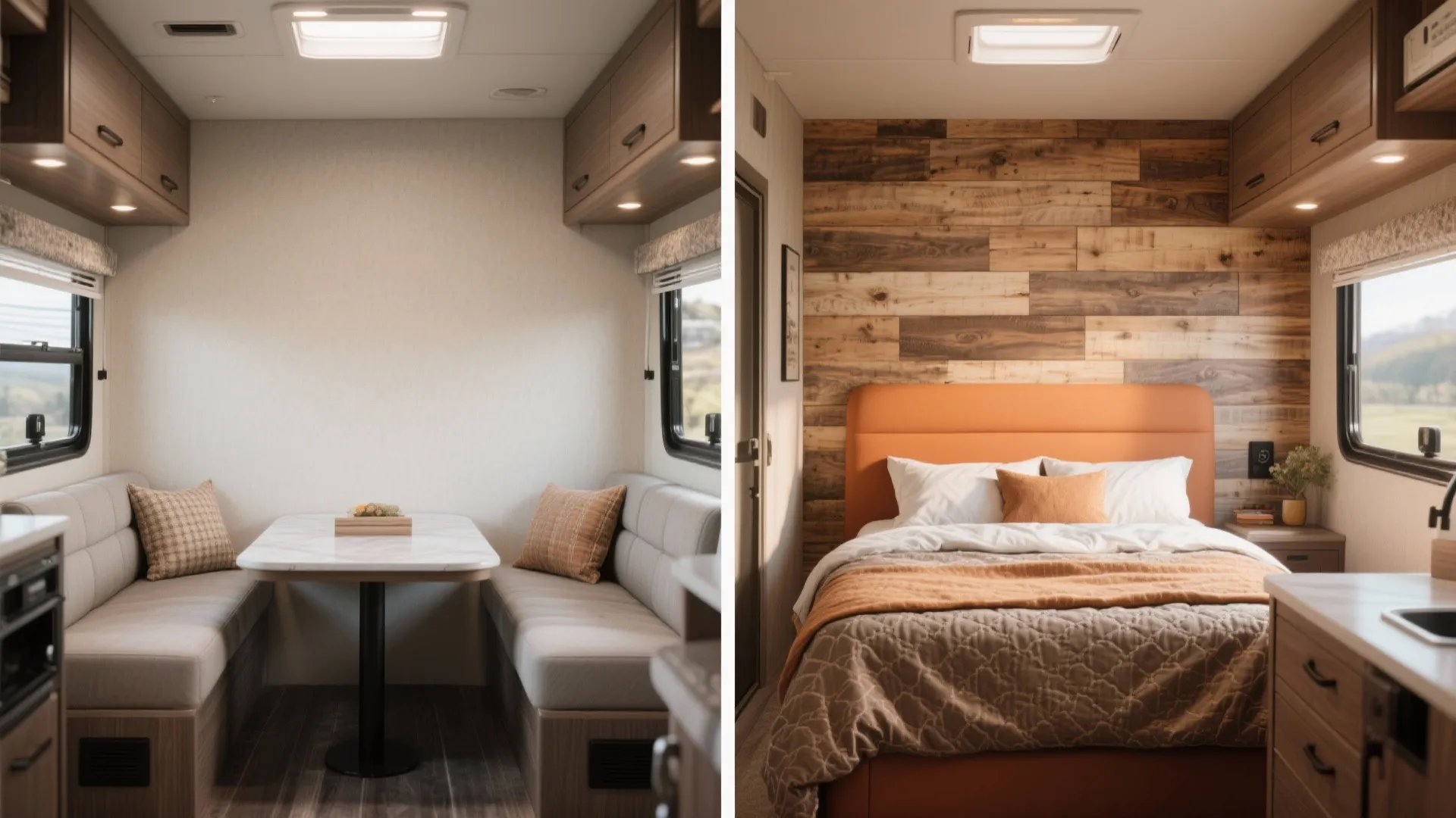 Before and after comparison showing a camper dining area transformed into a cozy wooden wall bedroom