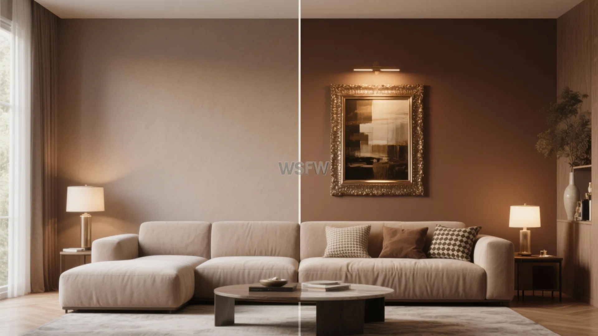Before-and-after view showing neutral light brown wall versus deeper brown accent wall with metallic framed art.