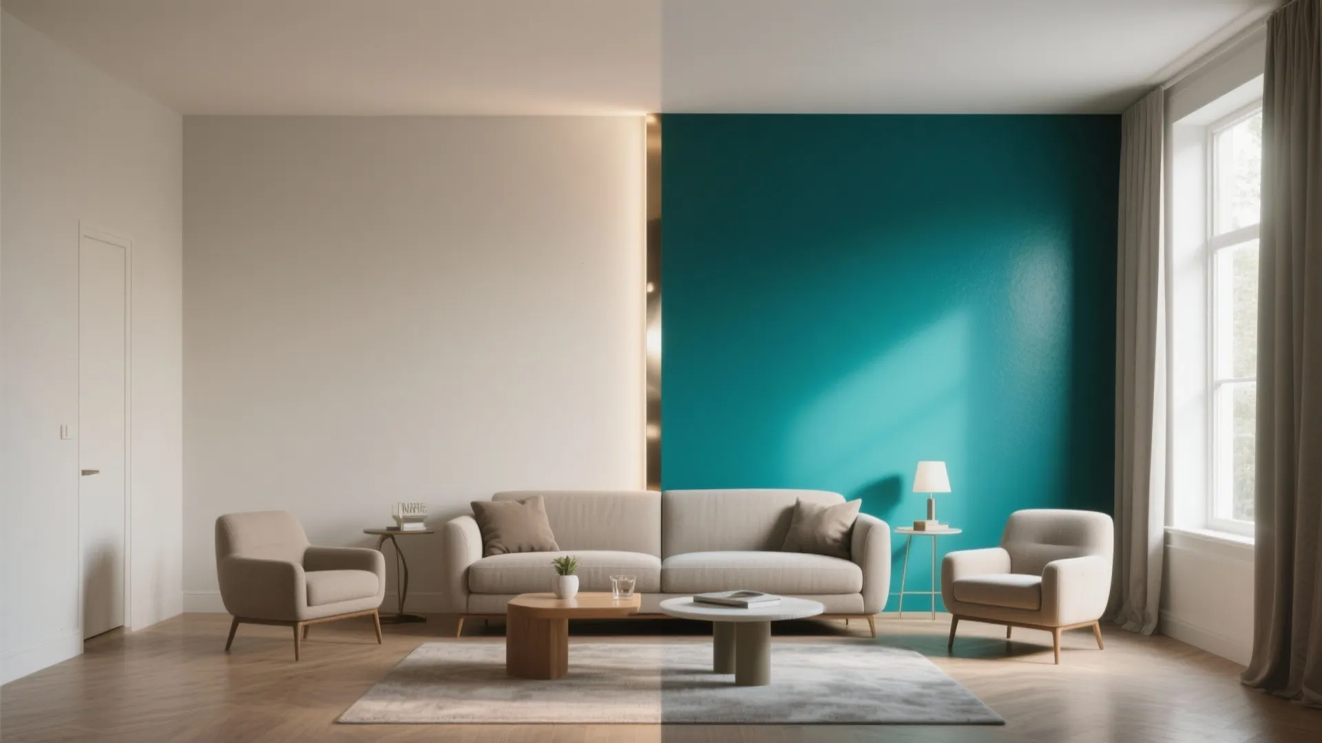 Modern living room showing a white wall side compared to a vibrant blue accent wall