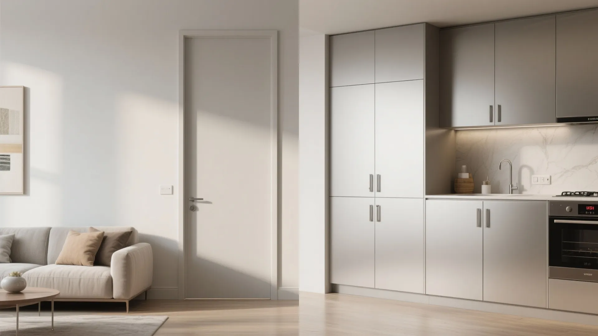 Before and after comparison: matte accent cabinet door versus satin kitchen cabinet showing finish differences.