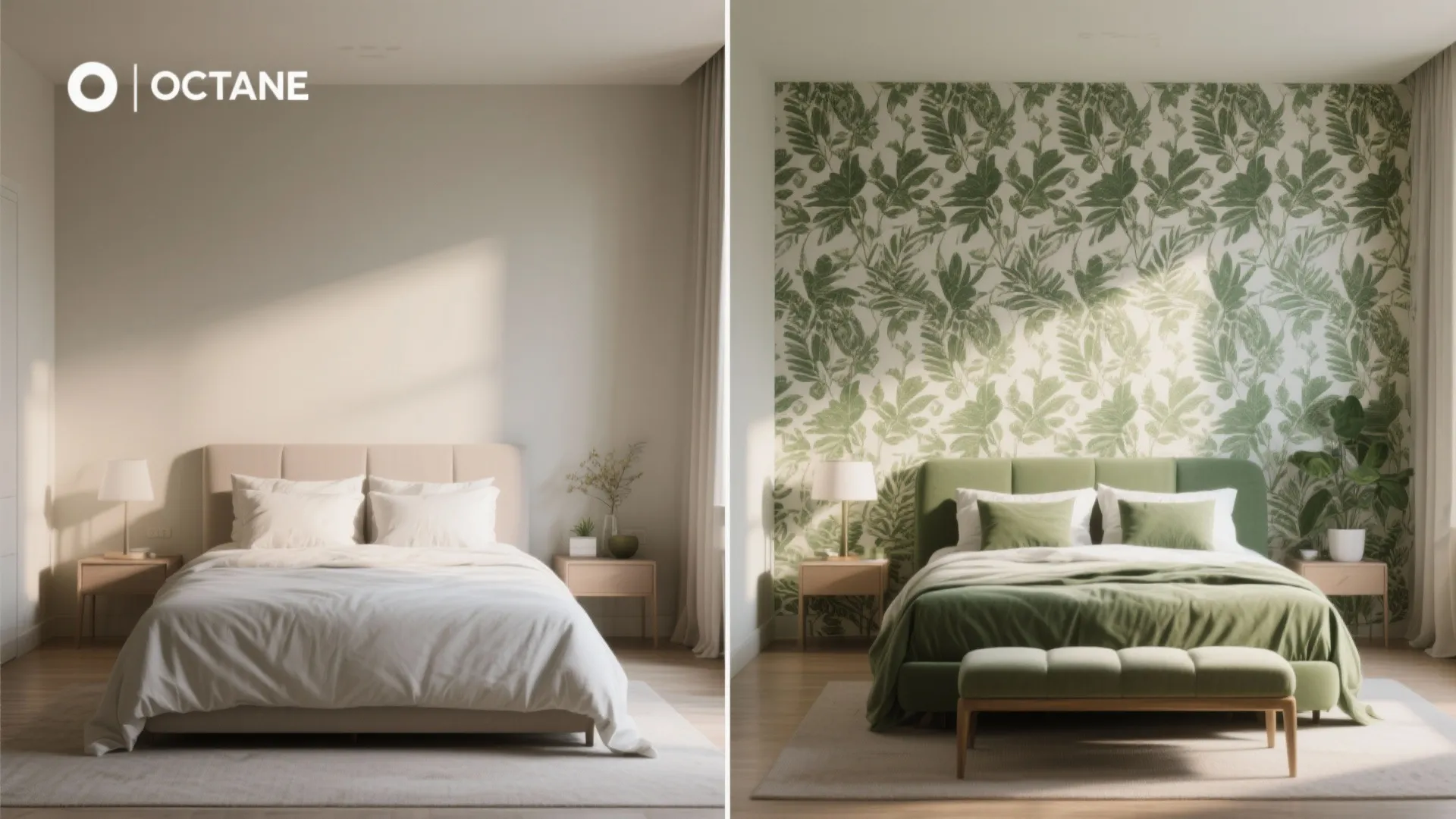 Before and after comparison of a plain bedroom wall versus a green leaf pattern wallpaper design