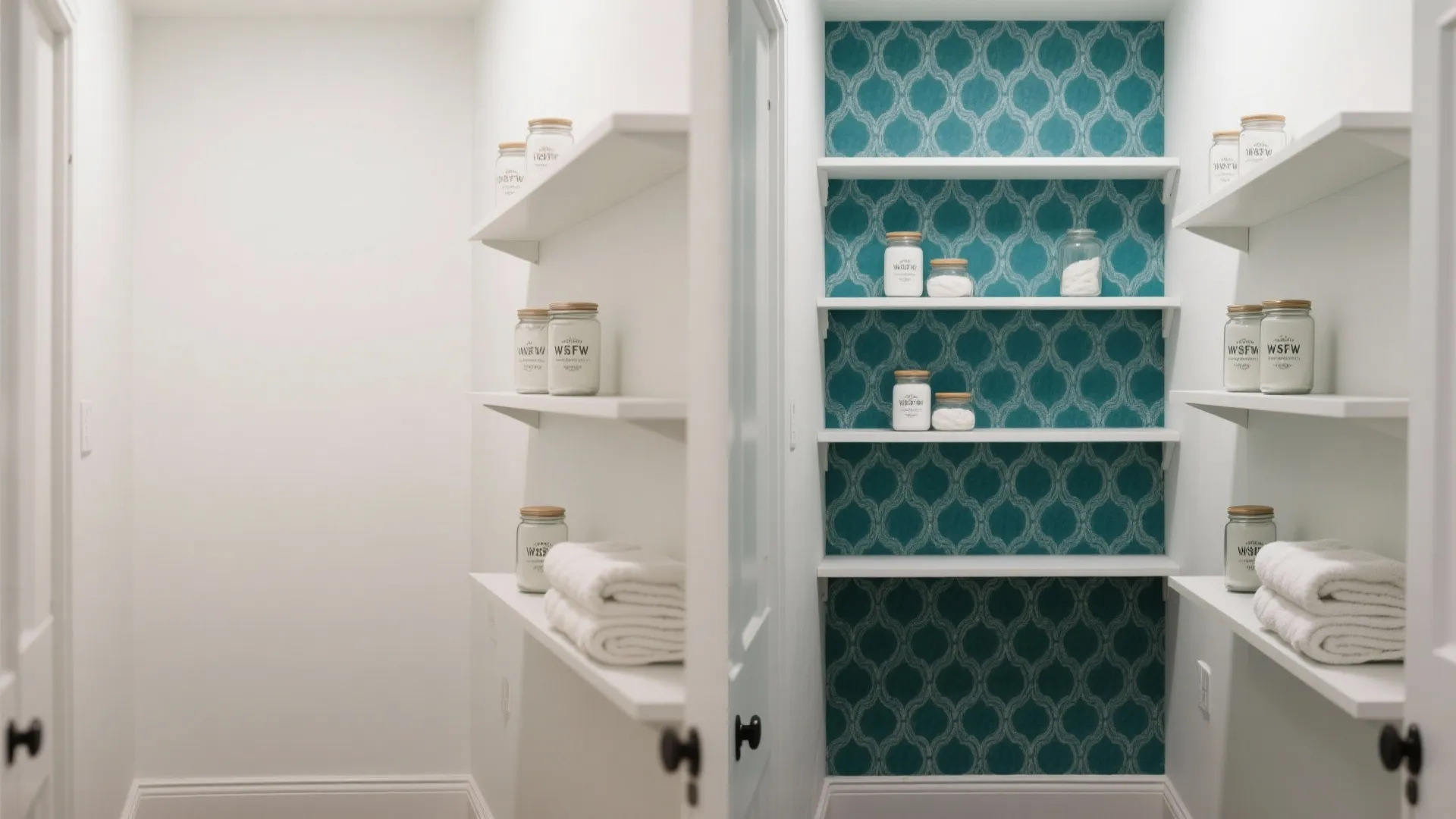 Before and after comparison of a white laundry closet updated with blue patterned decorative wall paper
