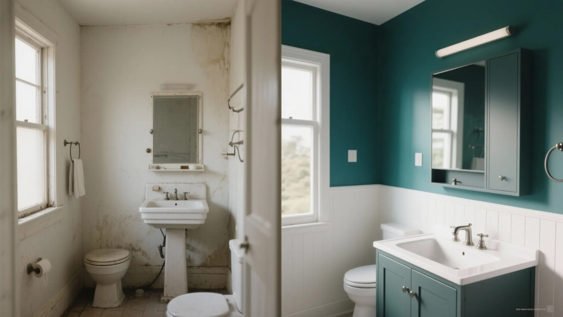 Before and after of a small bathroom showing impact of an accent wall and painted vanity