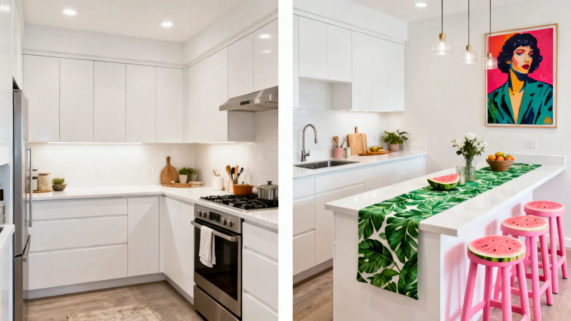 Split view showing a white kitchen before and after pink and green accents.