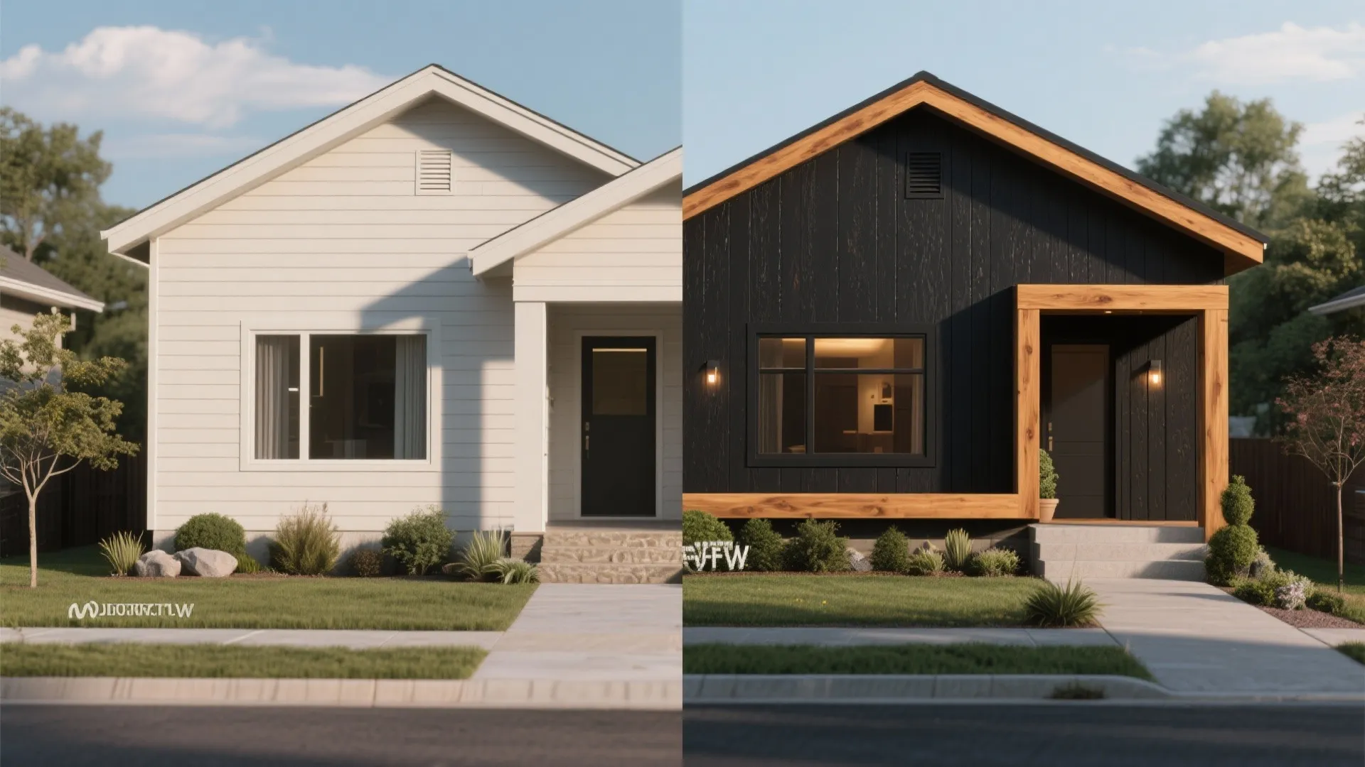 Before and after comparison of a white wood house versus a modern black wood house