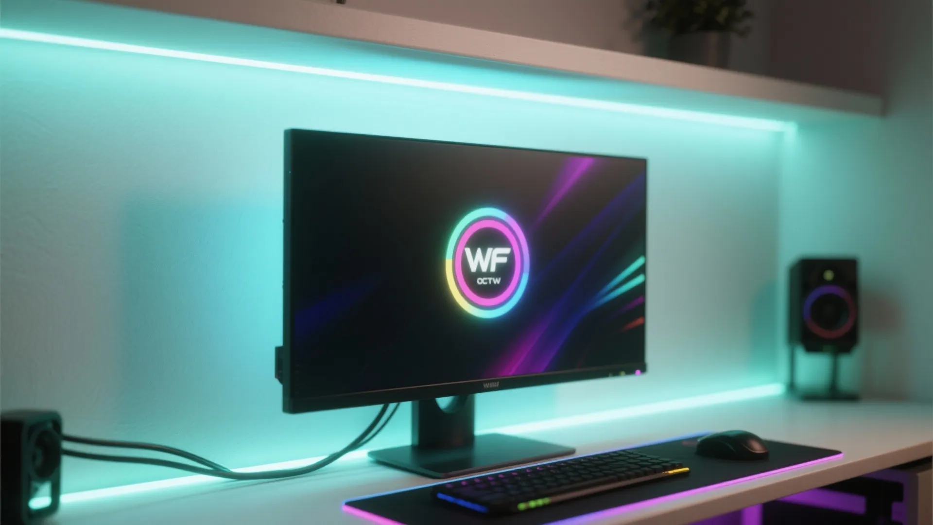 Gaming desk setup with computer monitor and blue light strip on wall with black keyboard