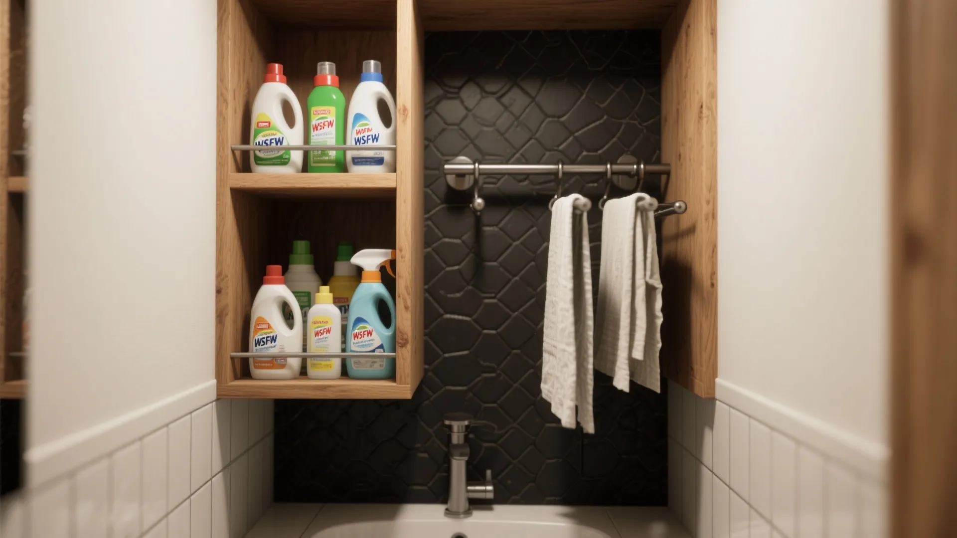 Wooden shelves with cleaning soap bottles and white towels hanging over a white bathroom sink