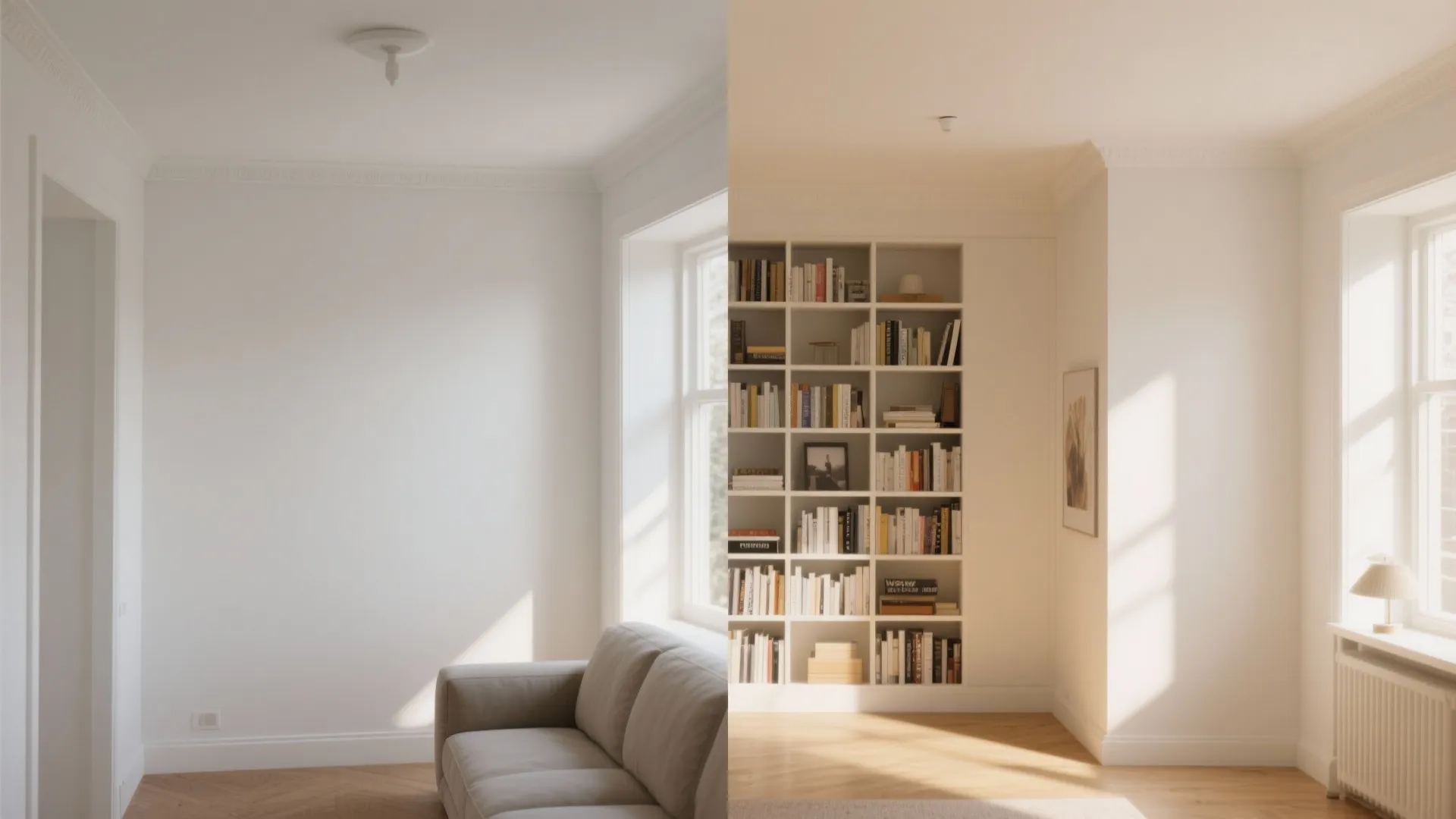 Before and after comparison of a plain wall versus a white built in wall bookshelf