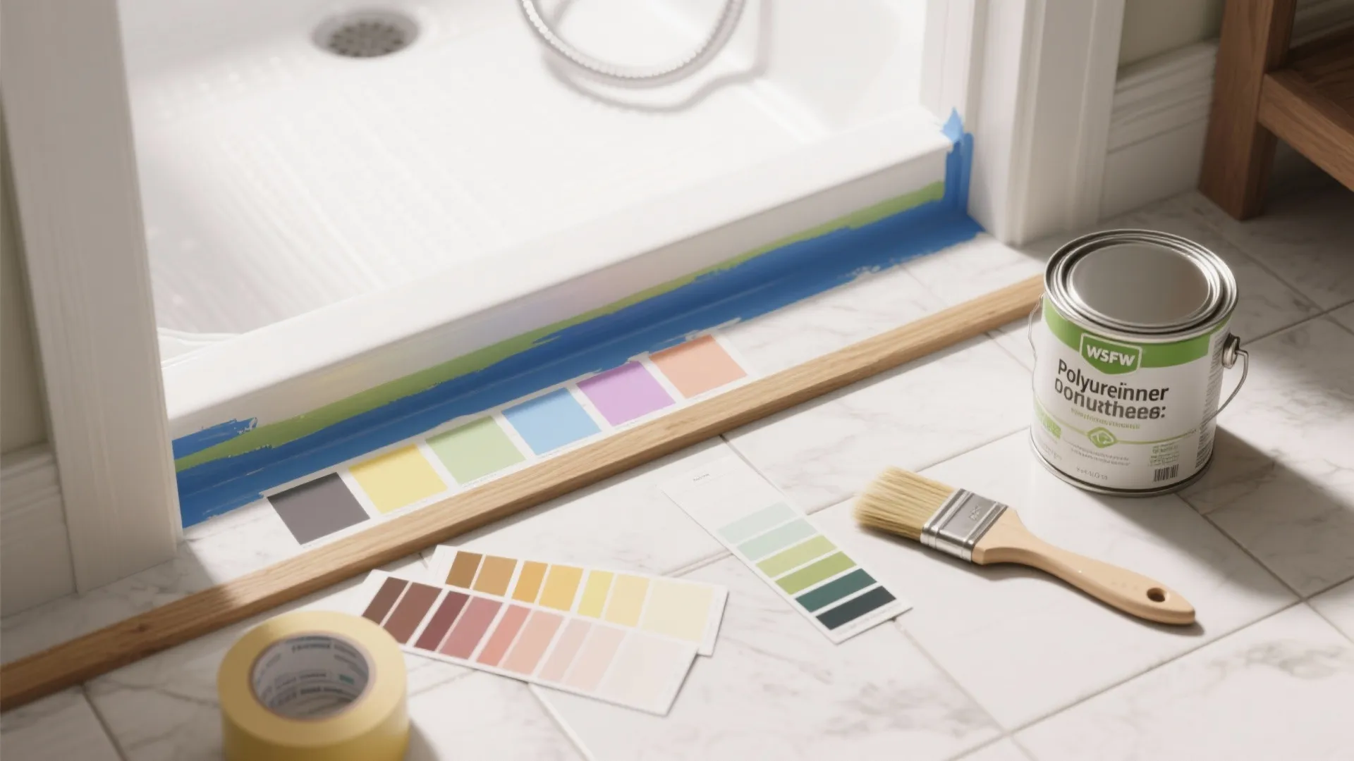 Top-down flatlay of painted accent border sample, paint tools, and color swatches