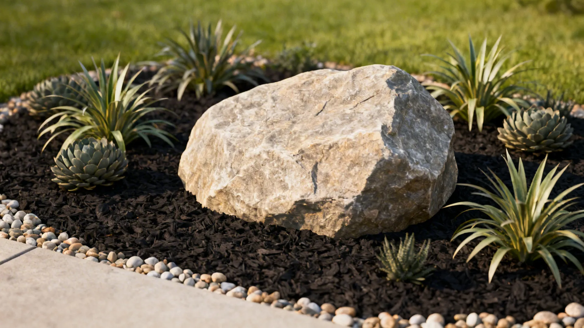 Accent boulder focal point surrounded by dark mulch and sculptural plants.