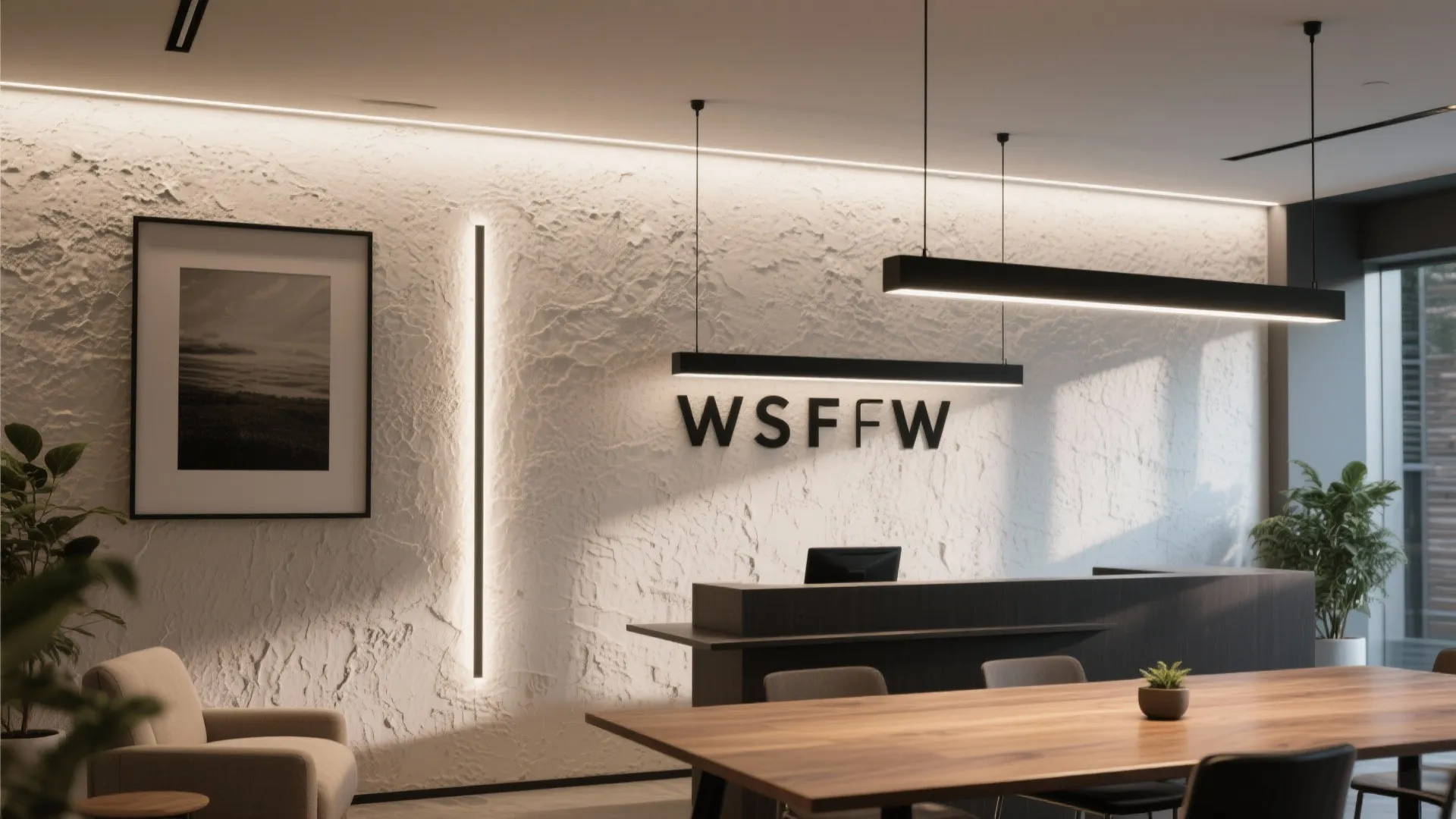Reception with wall washers on a textured brand wall and a linear pendant above a table.