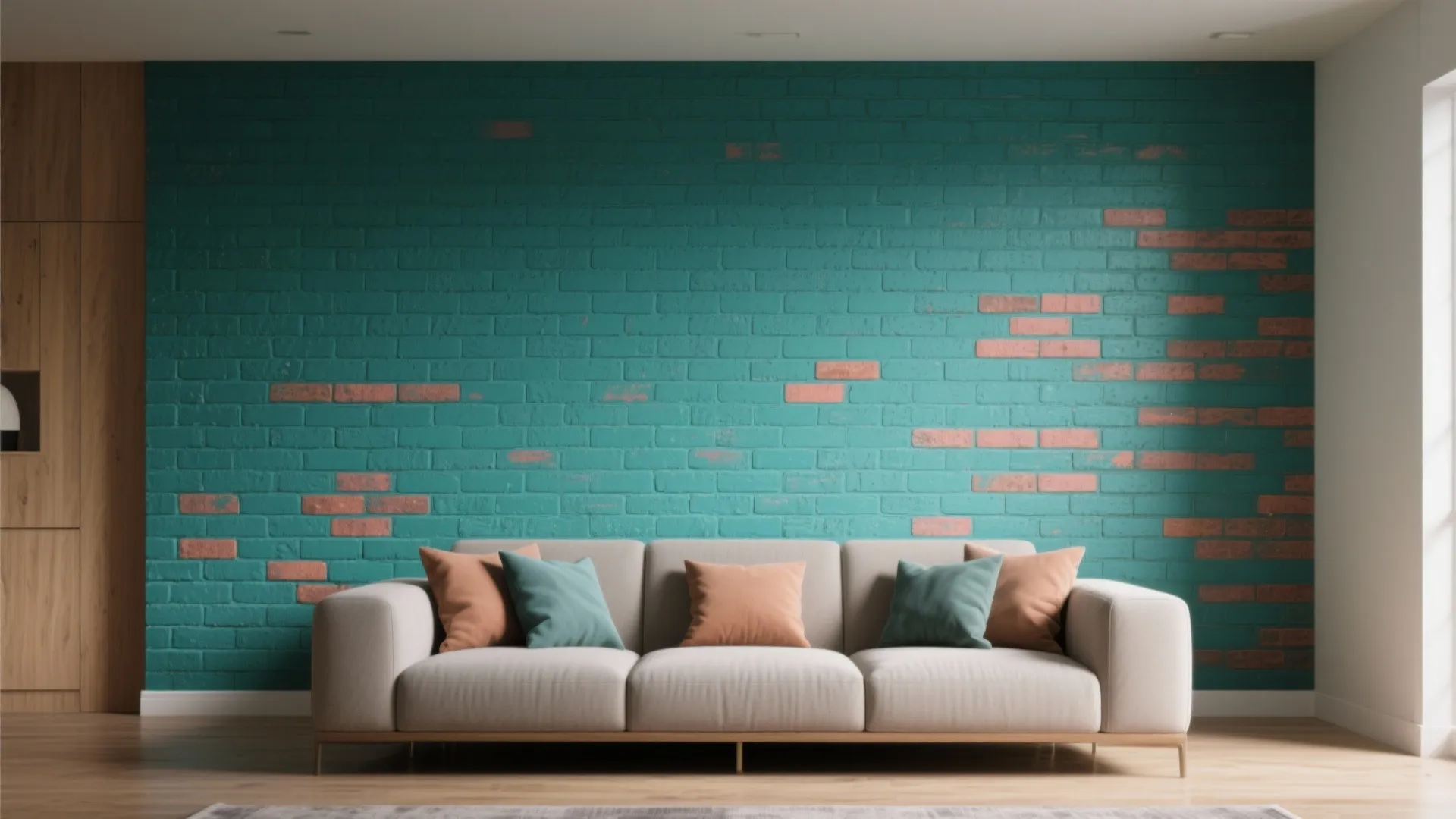 Teal brick accent wall in a living room with white sofa and colorful throw pillows
