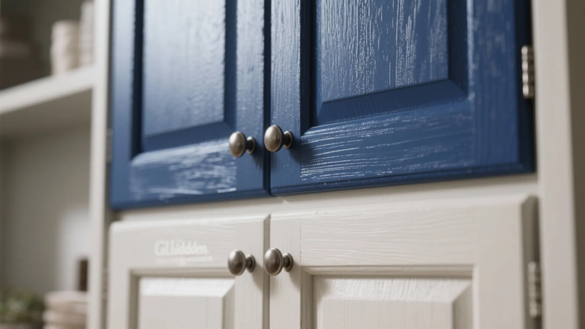 Close-up of painted cabinet faces in bold navy contrasted with neutral cabinetry showing texture and hardware.