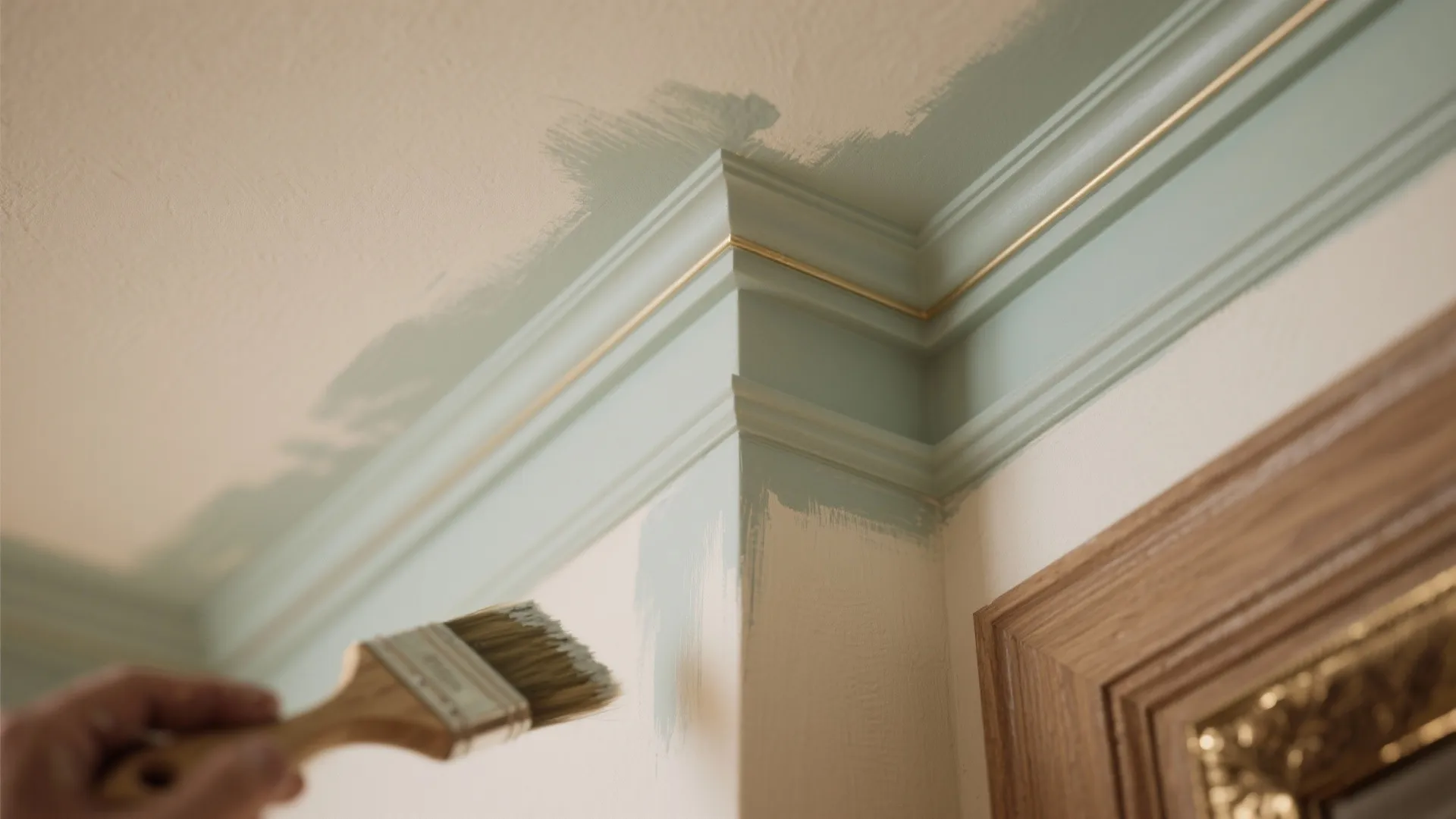 Person using a brush to apply light green paint to decorative wall panel ceiling trim