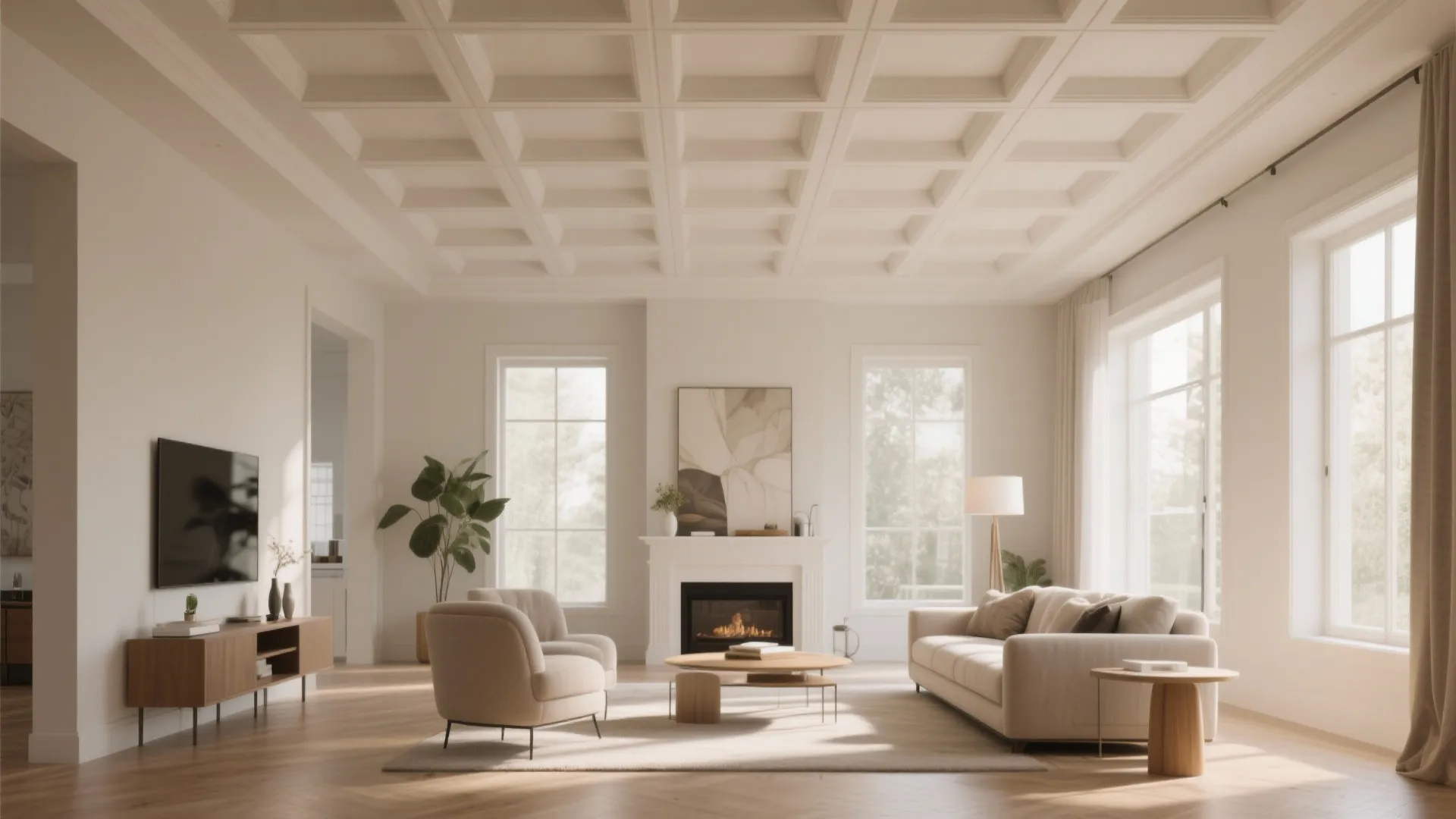 Modern bright living room with white grid ceiling design beige sofa fireplace and wood flooring