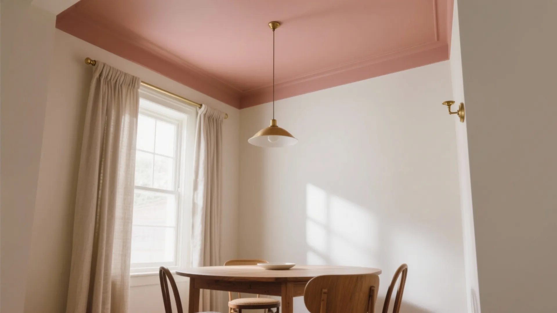Round wooden table and chairs in a room with pink ceiling and gold ceiling light