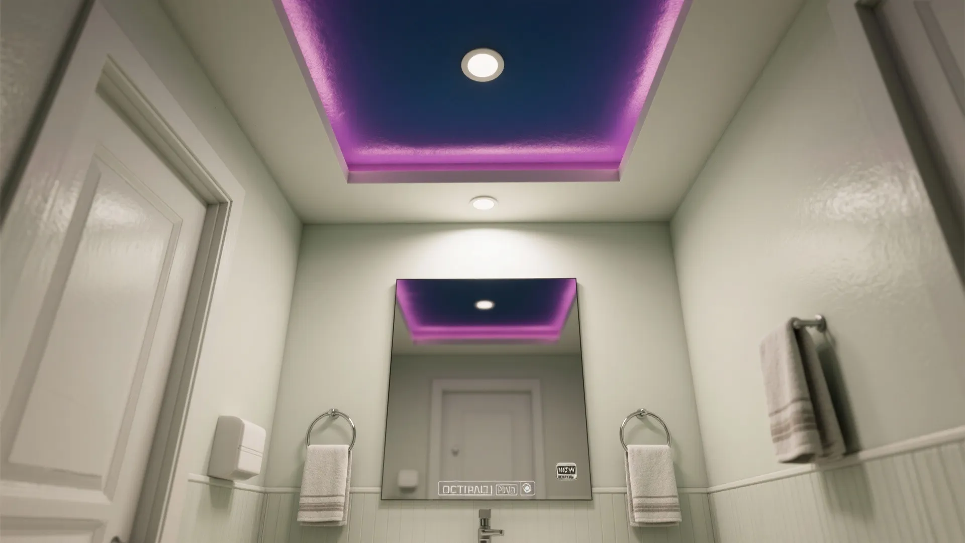 Upward view of a powder room highlighting a contrasting accent ceiling and open sightlines.