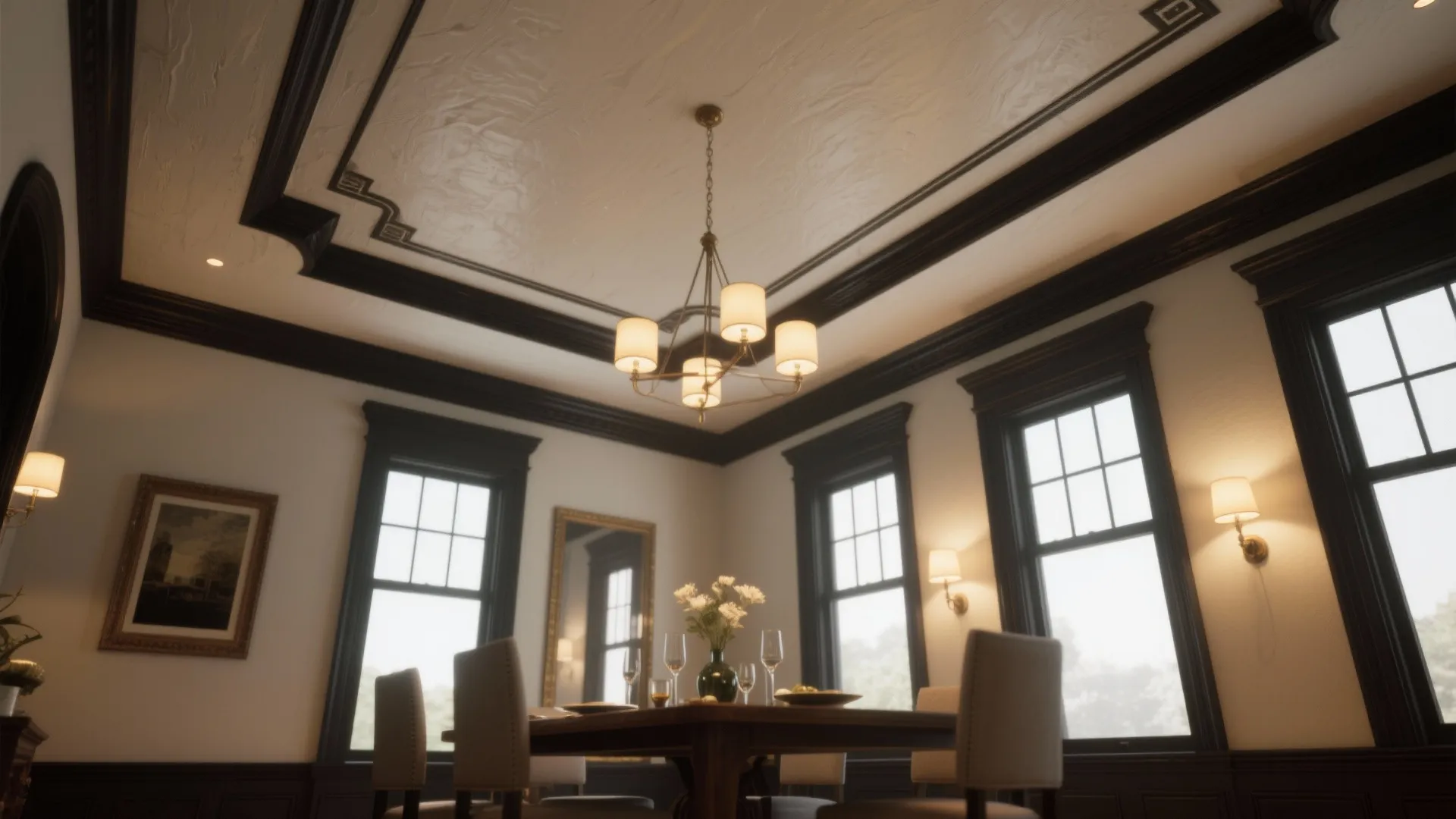 Low-angle view of a dining room showing a painted accent ceiling and deep charcoal trim.