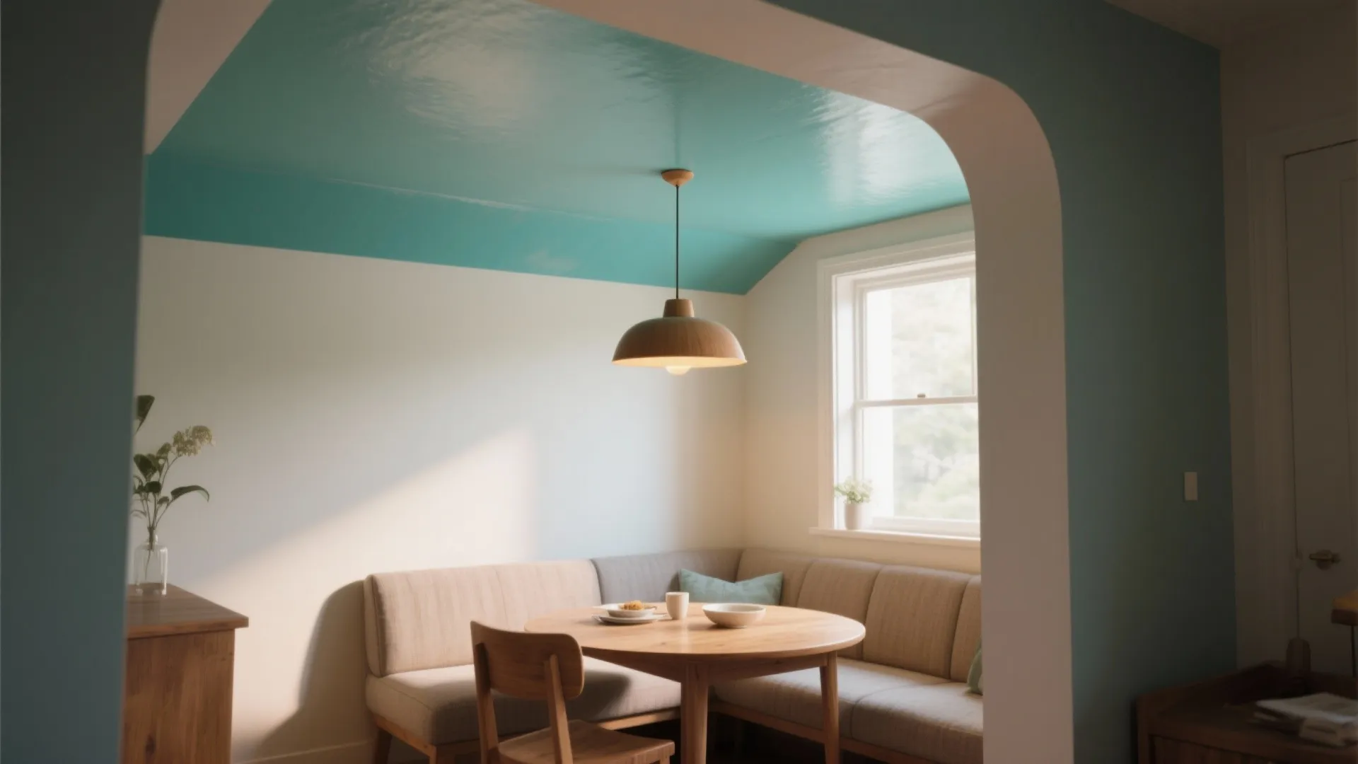 Cozy dining nook featuring teal blue painted ceiling wooden round table and comfortable beige sofa