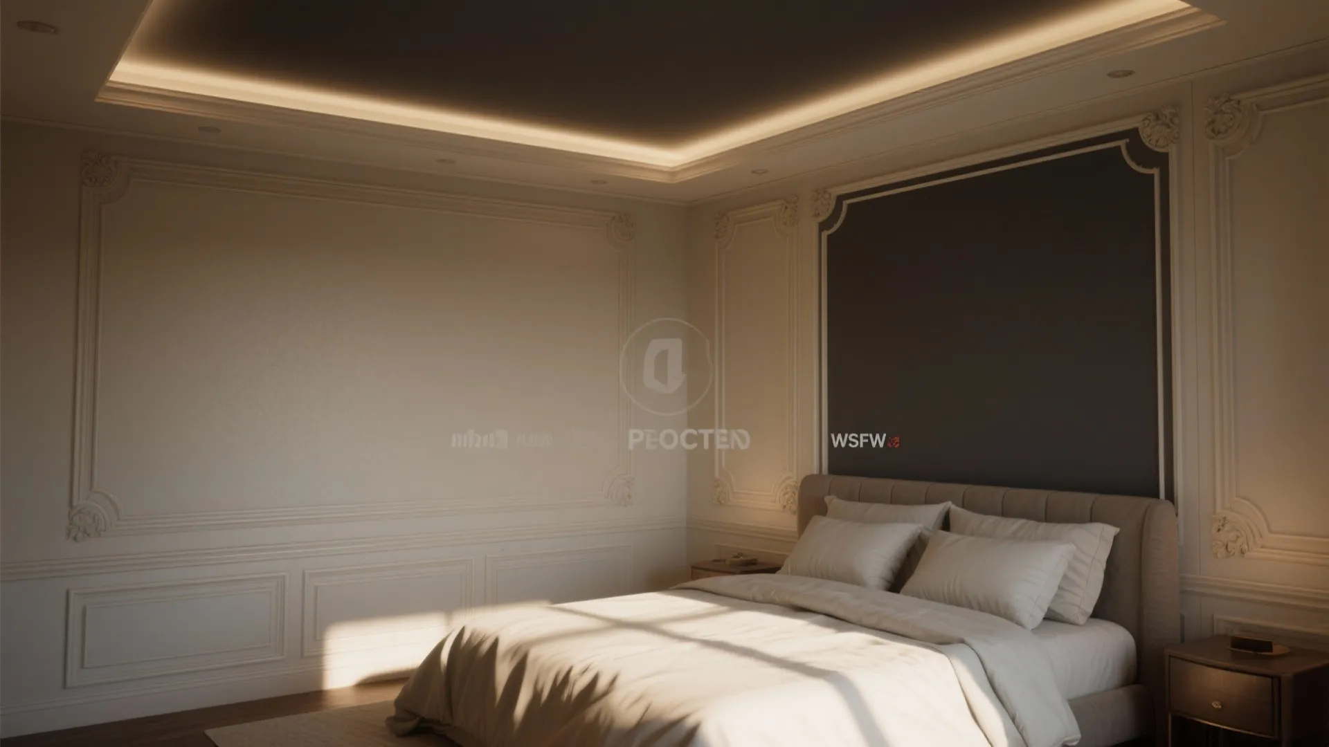 Bedroom with a recessed darker satin accent ceiling and warm mid-tone walls.