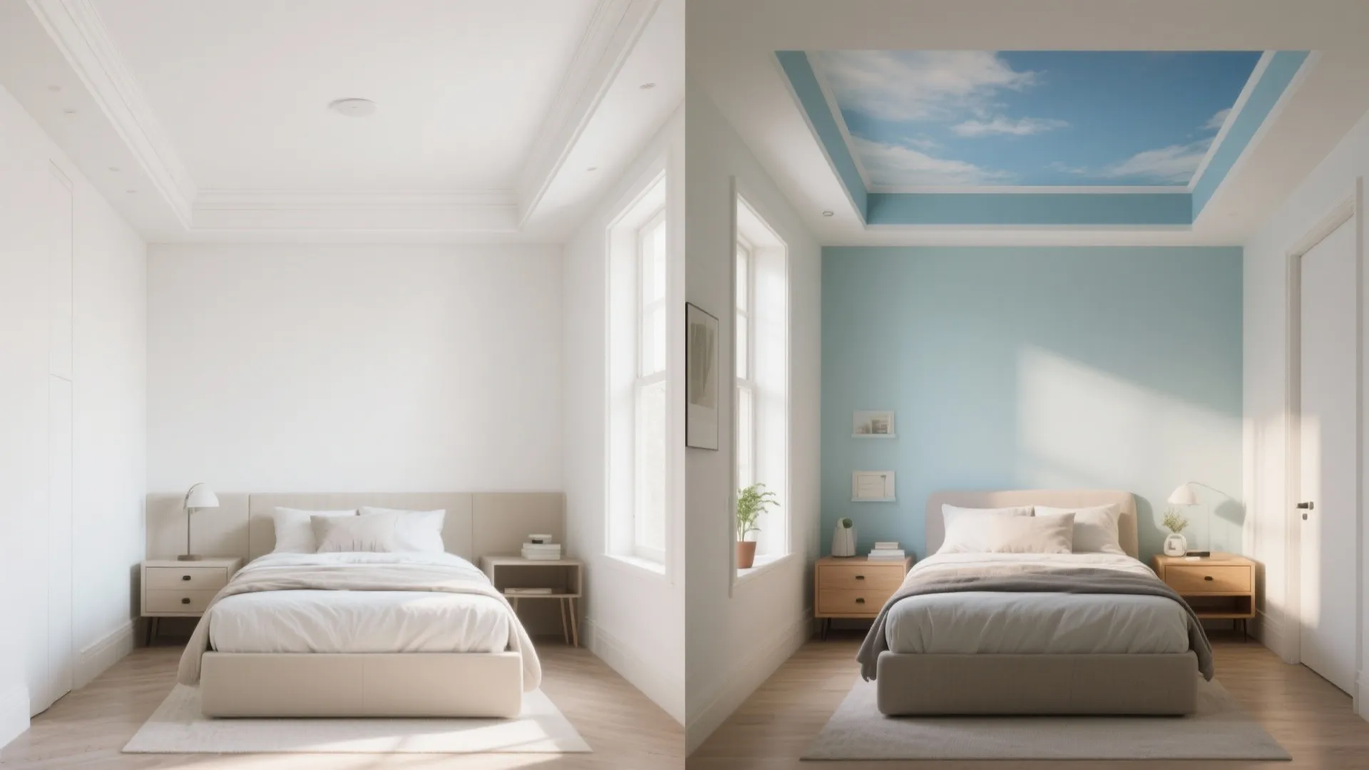 Side by side bedroom comparison showing plain white ceiling versus blue sky painted ceiling design