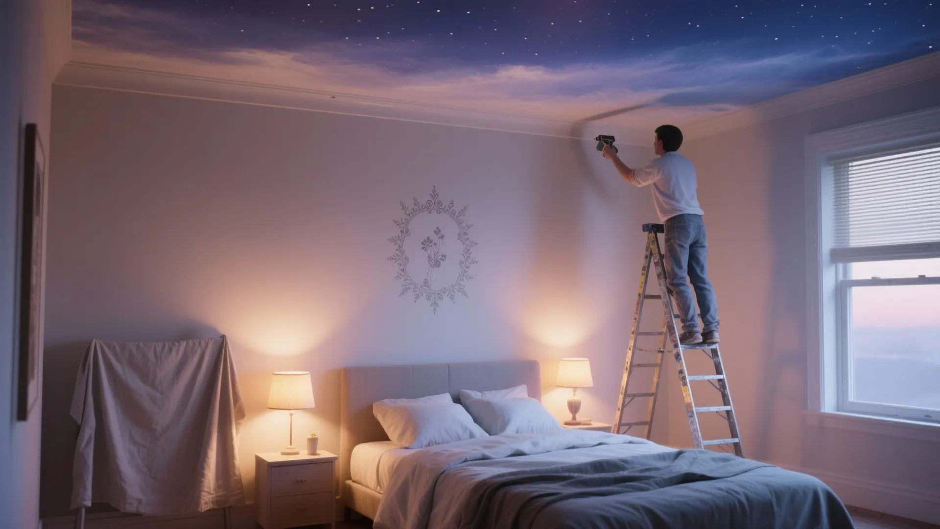 A man on a ladder paints a starry sky mural on a bedroom ceiling design