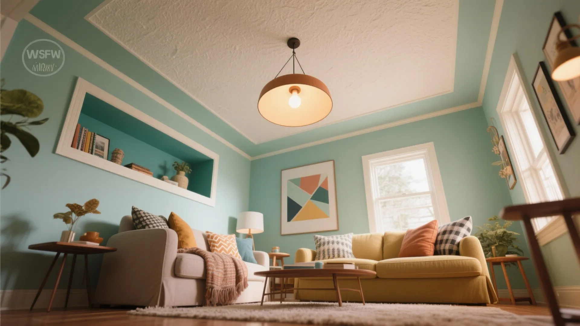 Light blue living room featuring a white ceiling with center light fixture yellow sofa and windows