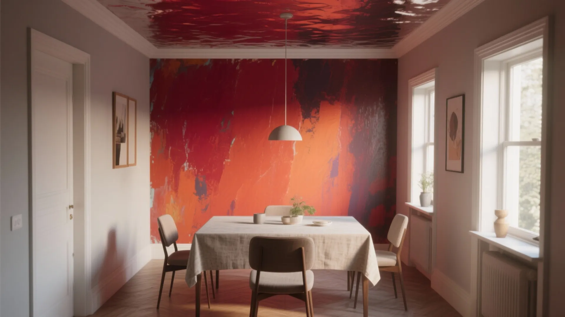 Dining room featuring red abstract wall art white table and chairs under a ceiling light