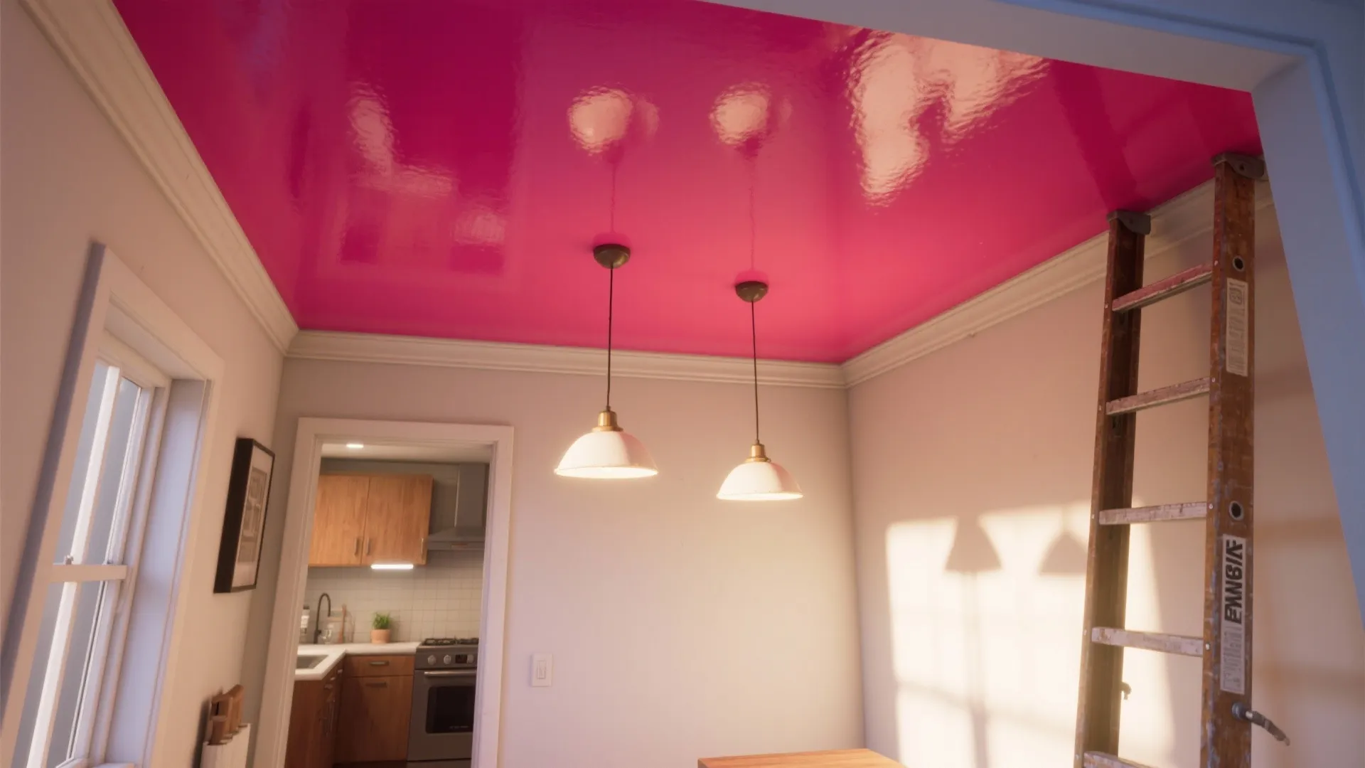 Room with bright pink glossy ceiling featuring two white ceiling lights a ladder and kitchen
