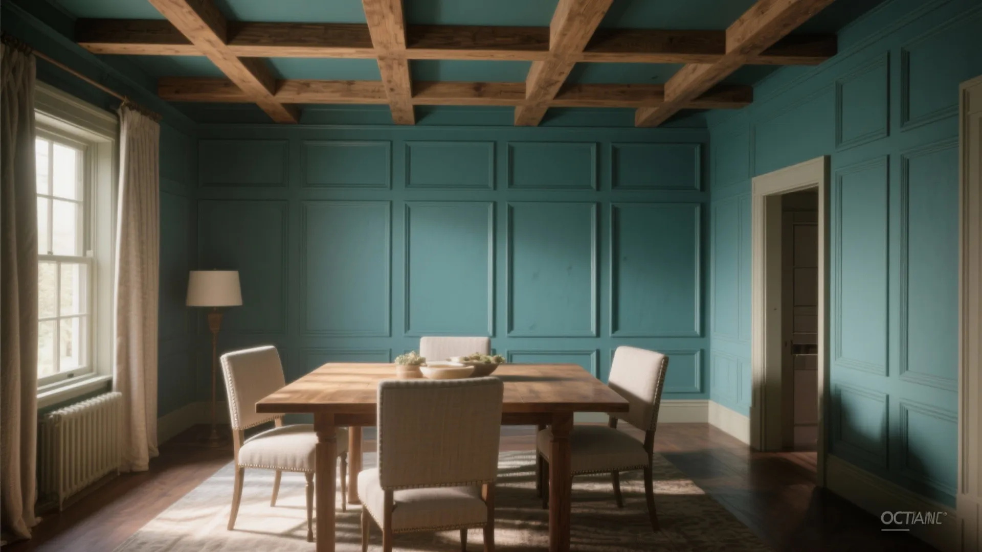 Traditional dining room featuring teal wall panel wood ceiling beams wooden table and four chairs