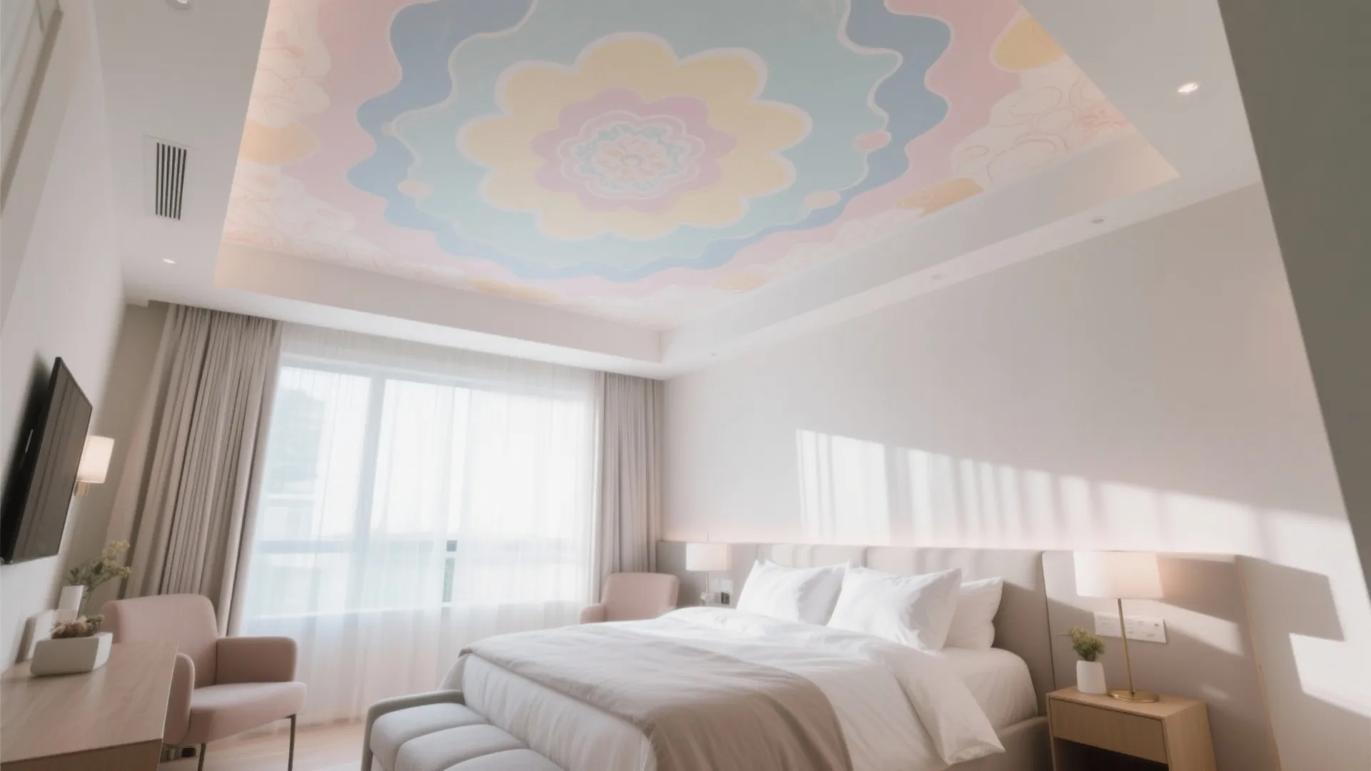 Modern bedroom with colorful flower pattern on ceiling white bed pink chair and large window