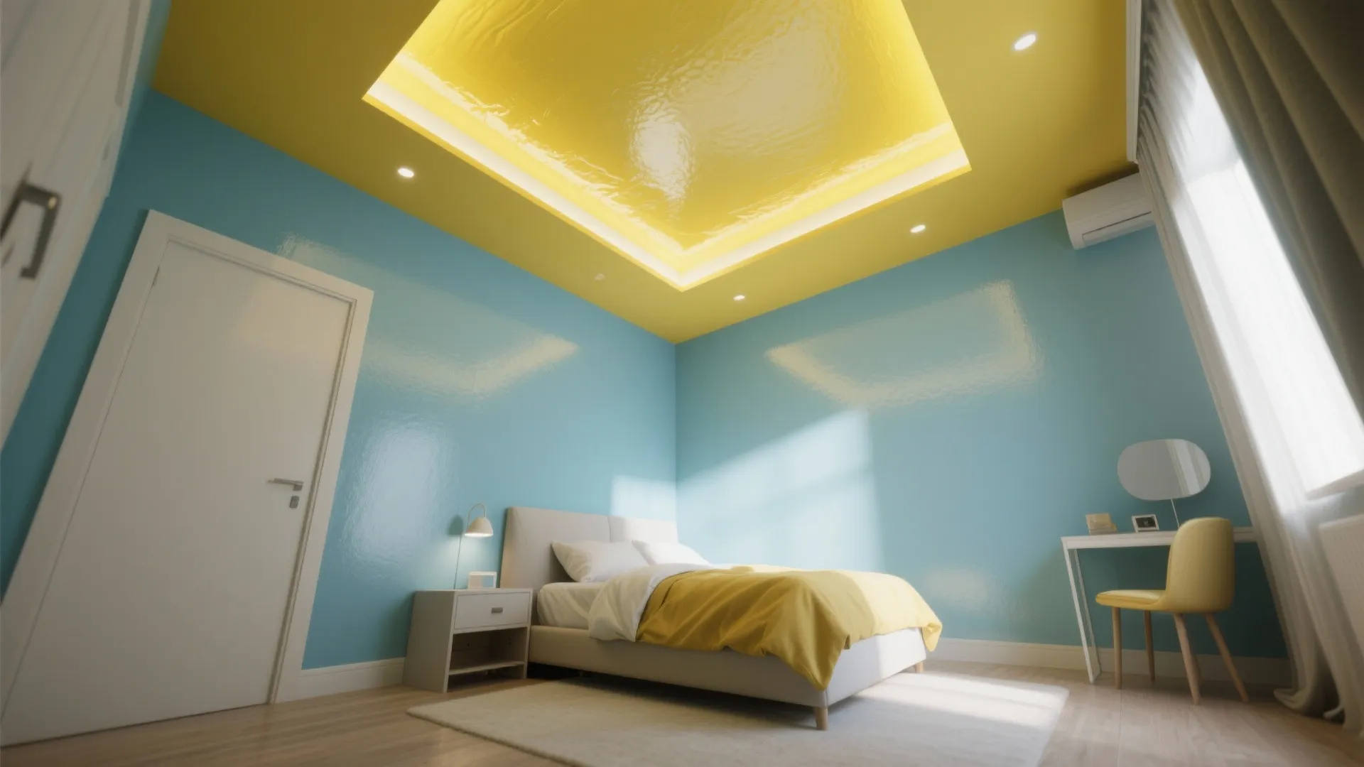 5. Bold Accent Ceiling and Minimal Furnishings