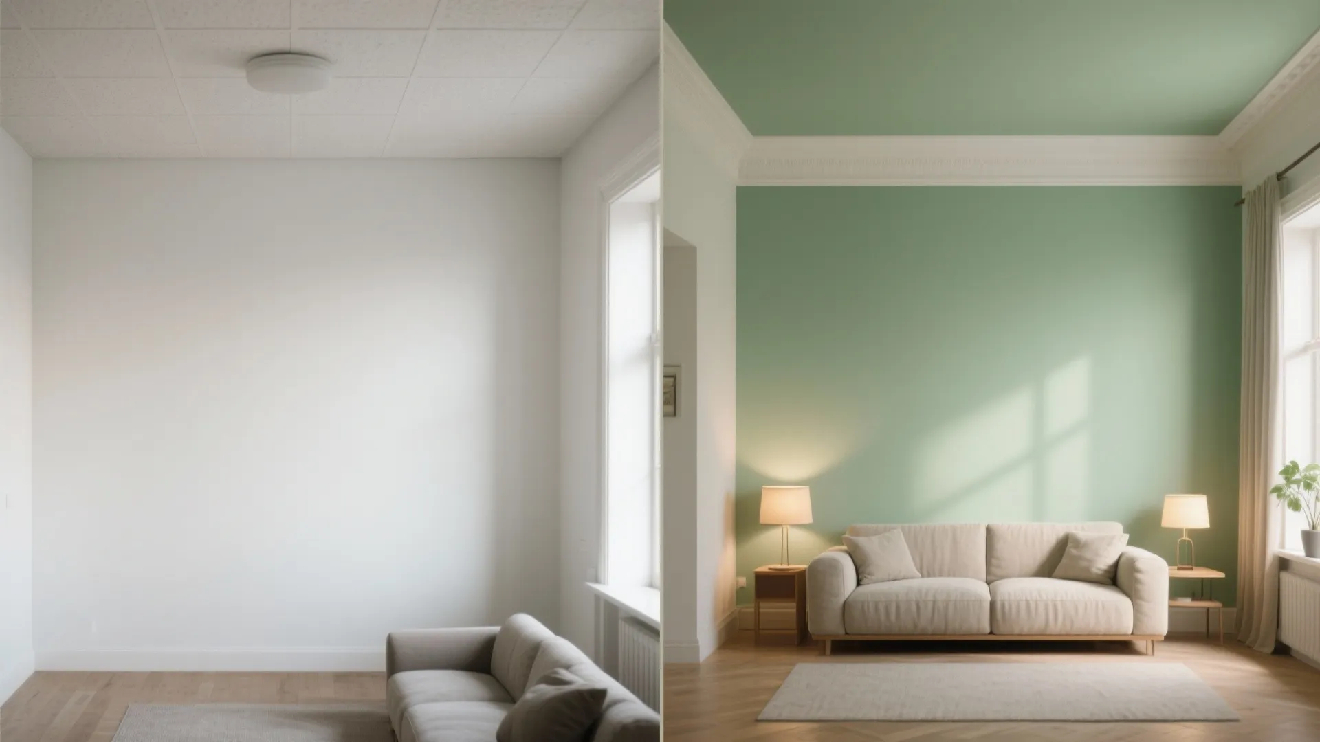 Before and after of a small living room with pale green ceiling and accent wall showing uplifted space