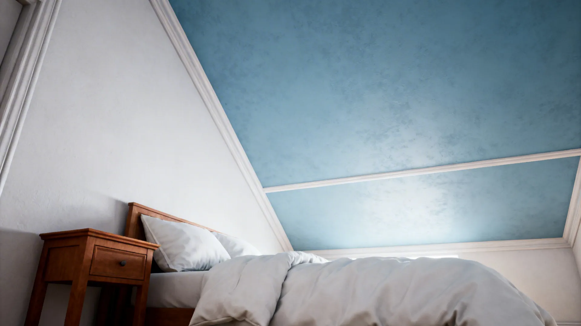 Bedroom showing a soft blue ceiling above white walls and cozy white bedding.