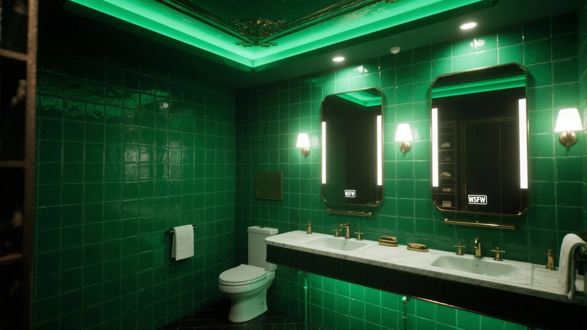 Luxury bathroom with green wall tiles two lit mirrors and a green neon ceiling light