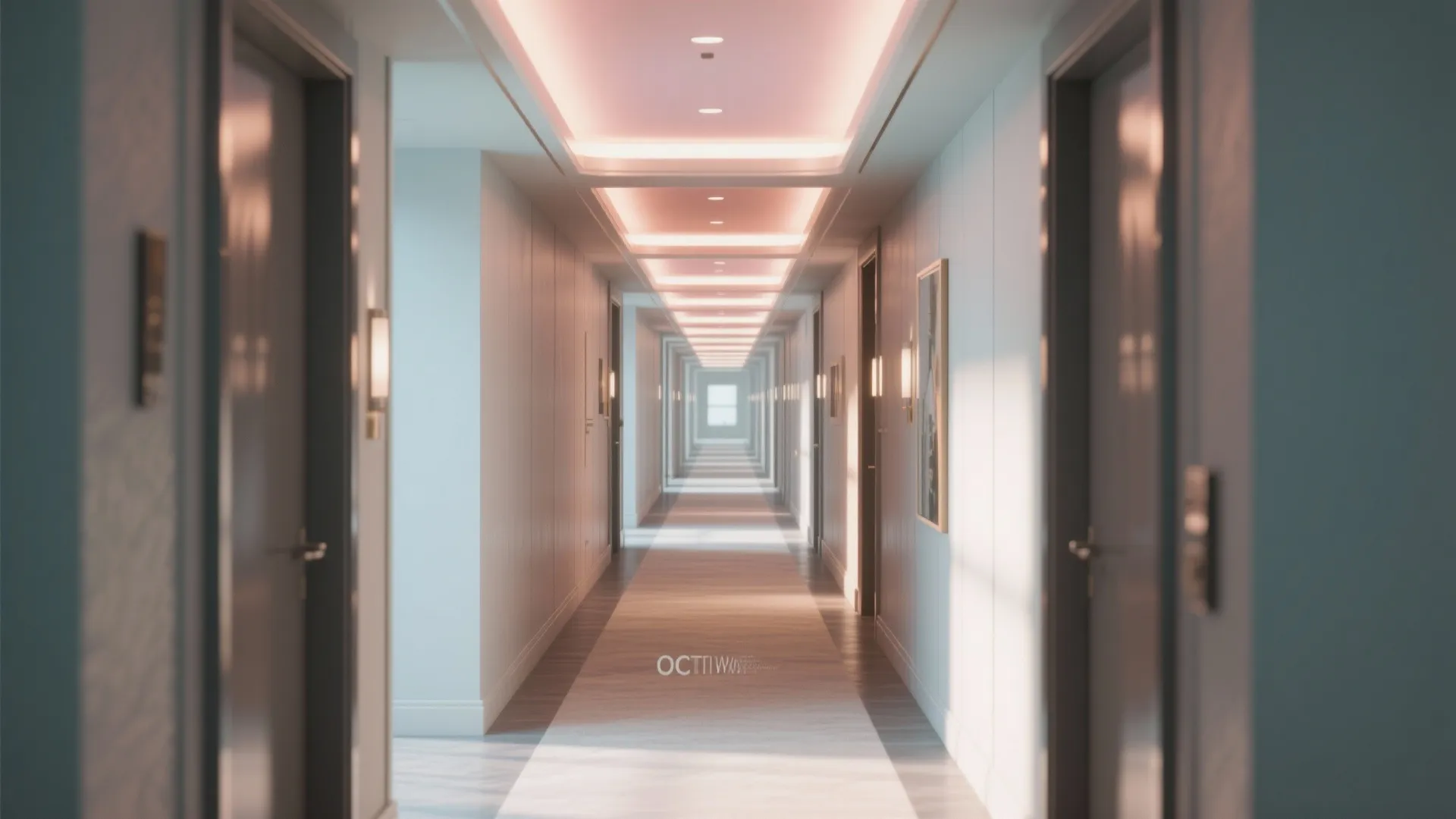Long modern hotel hallway with warm ceiling lights grey doors carpet floor and white wall panels