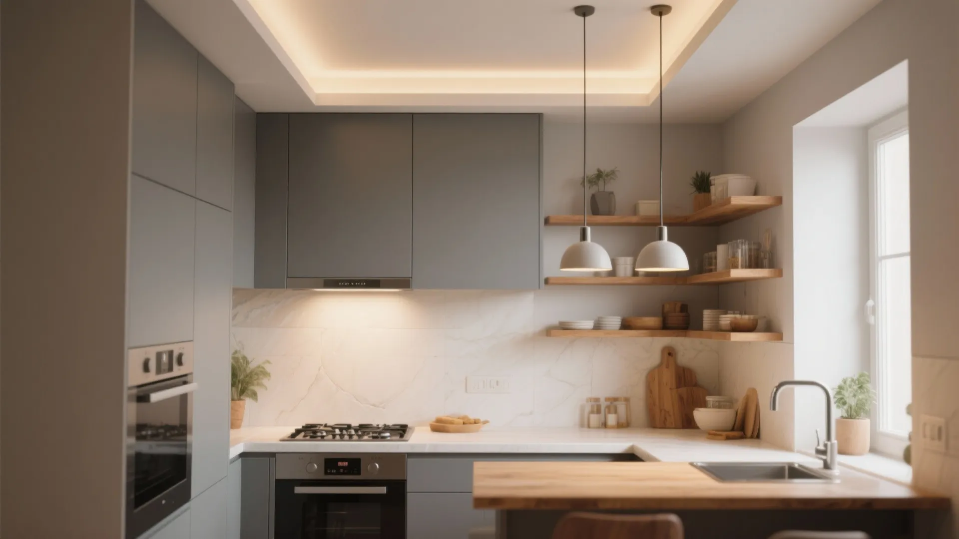 Compact kitchen with a warm off-white ceiling and cool gray walls, upper cabinets and hood highlighted.