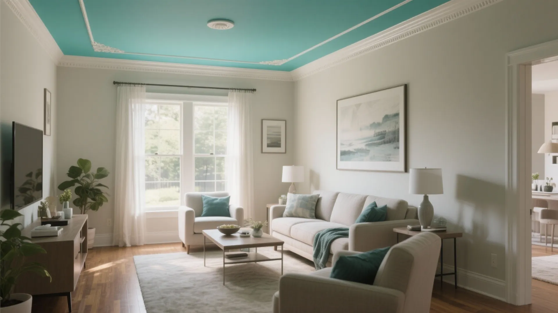 Bright living room showing a turquoise painted ceiling with white crown molding and beige furniture