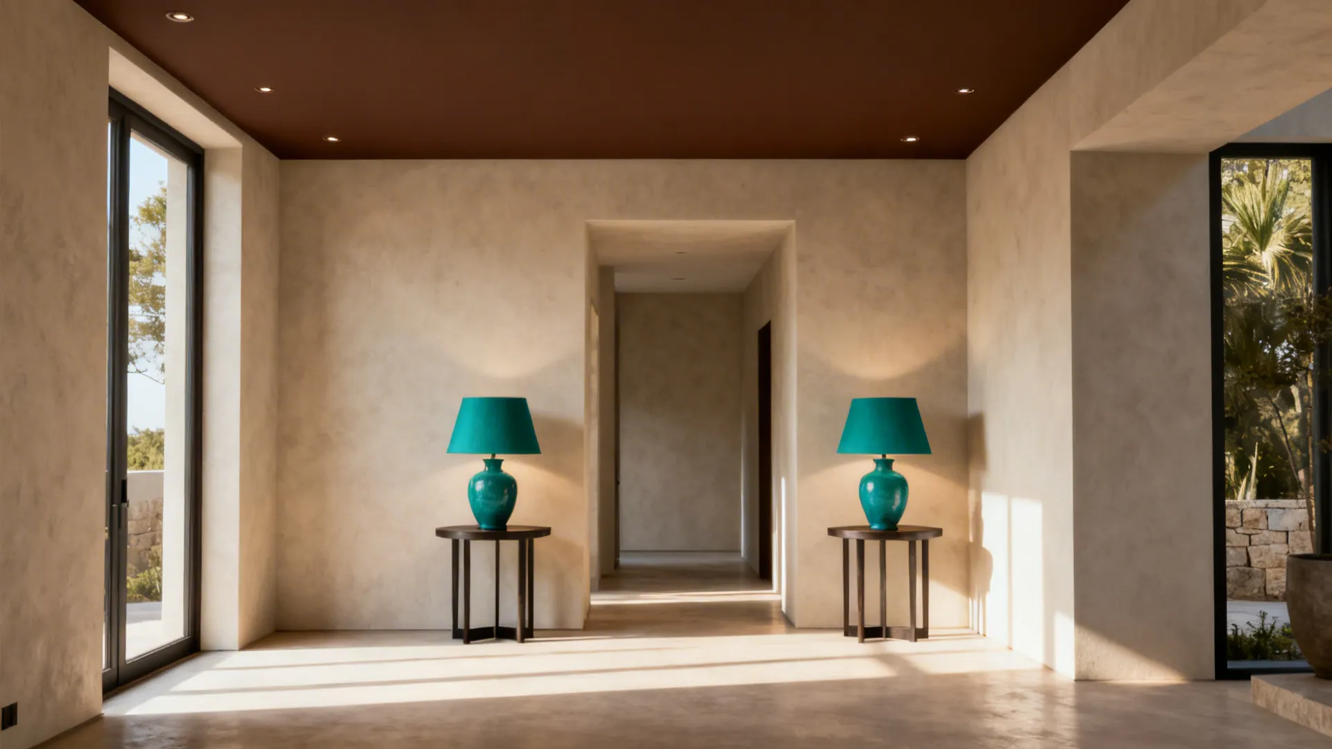 Minimalist hallway featuring brown ceiling two teal table lamps on small wood tables and windows