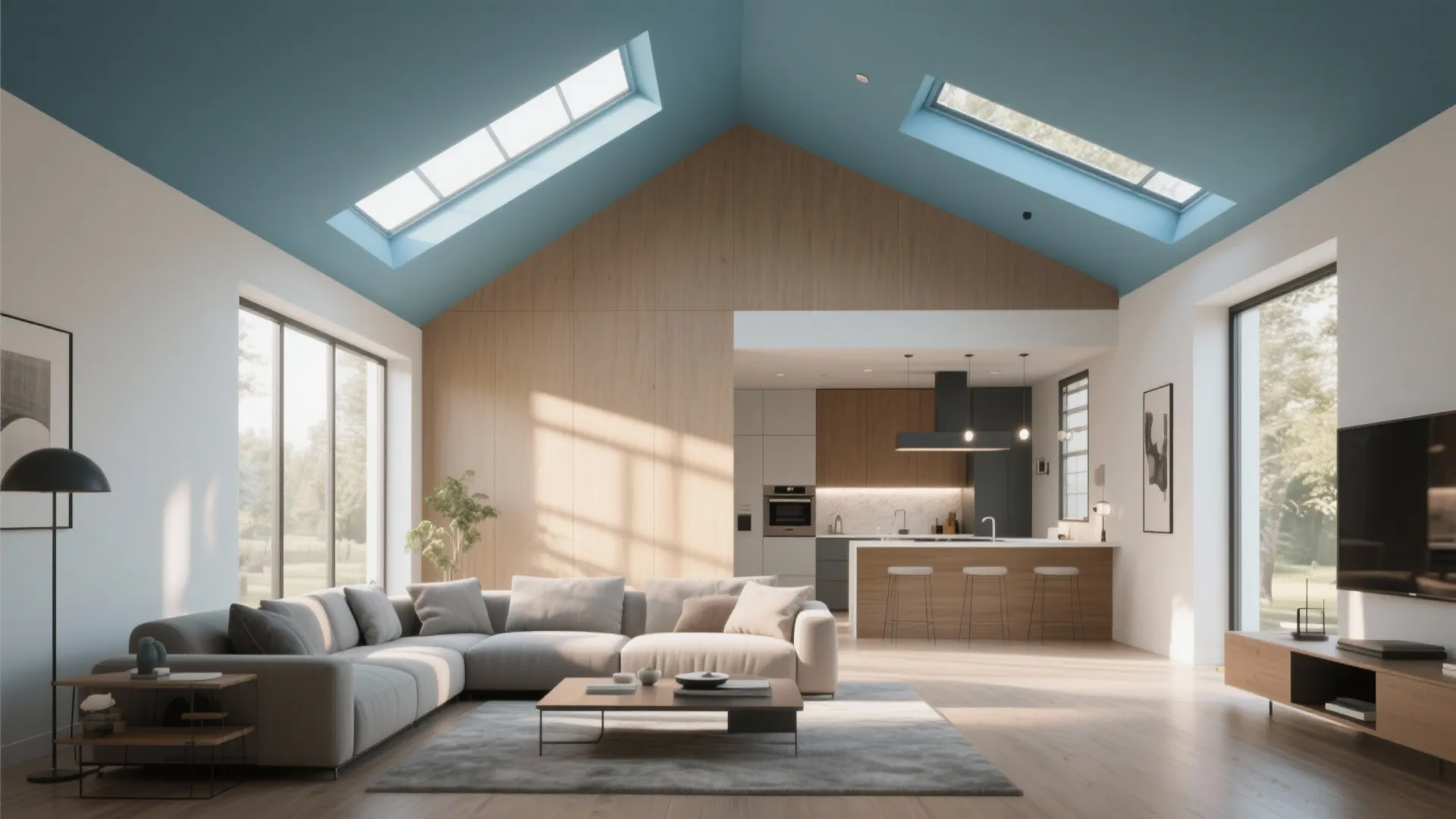Modern living room with blue vaulted ceiling, roof windows, grey sofa, wood wall, and kitchen