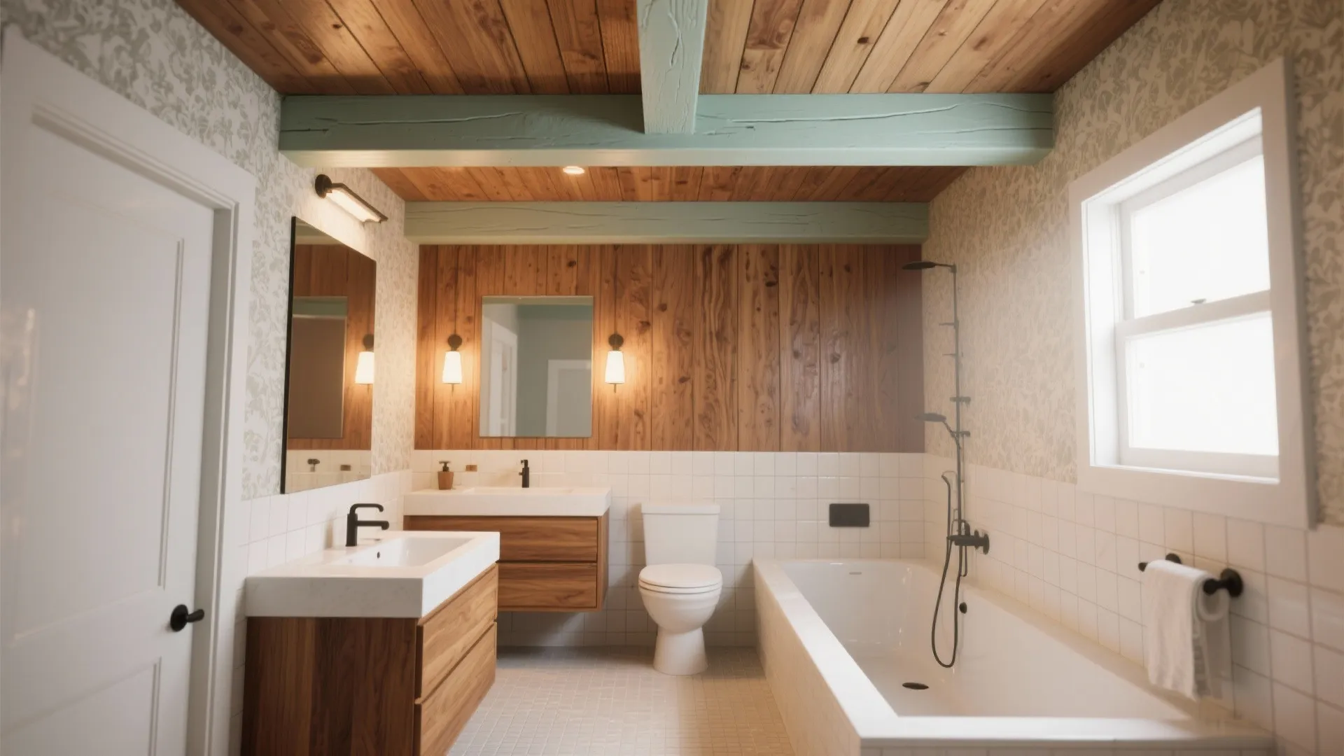 Small bathroom with engineered wood panel ceiling and painted beam for a custom accent