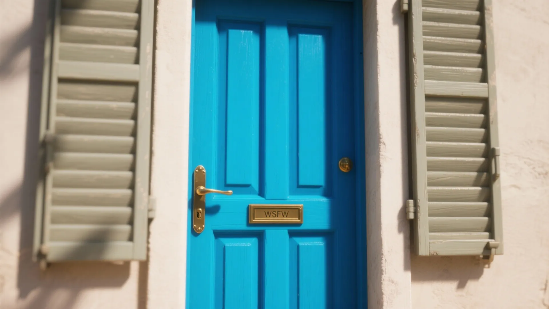 Bright blue wooden front door with gold handle and mail slot between two grey shutters