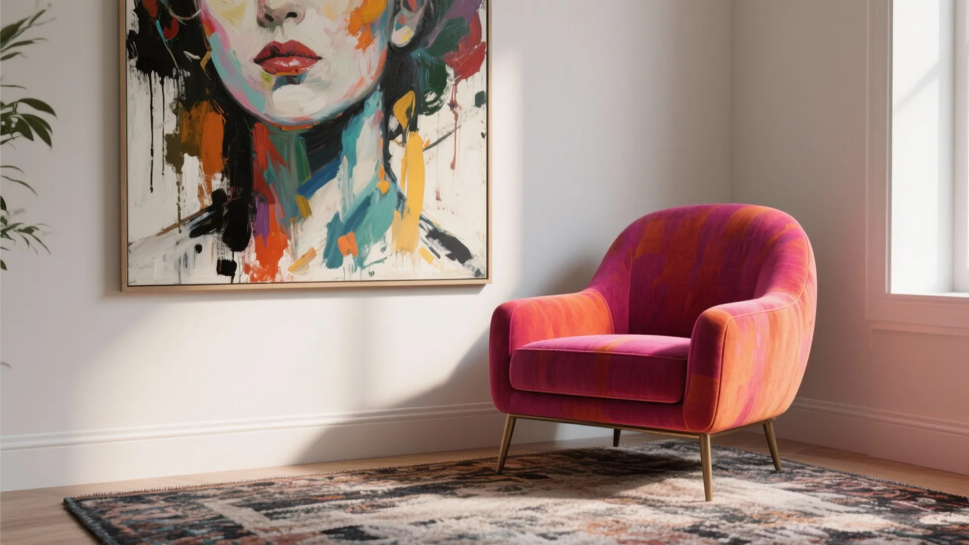 Modern colorful armchair placed on patterned rug next to large abstract wall painting and window