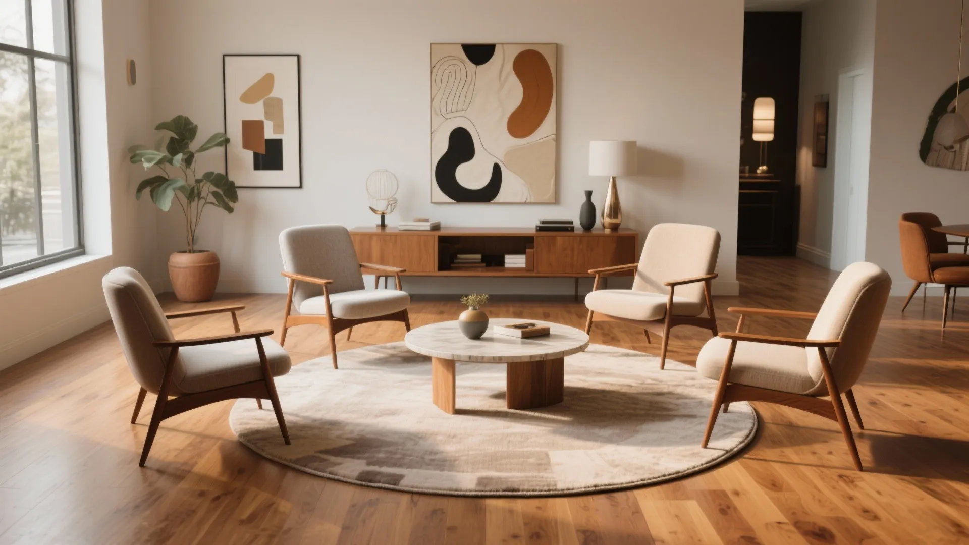 Four beige chairs arranged around a round marble coffee table on a large circular rug