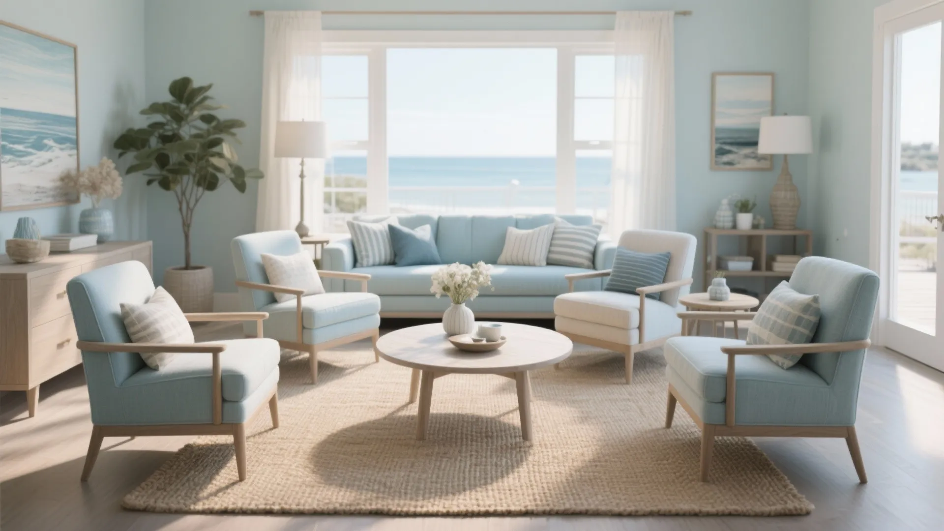 Light blue living room with a sofa four armchairs wooden coffee table and ocean view