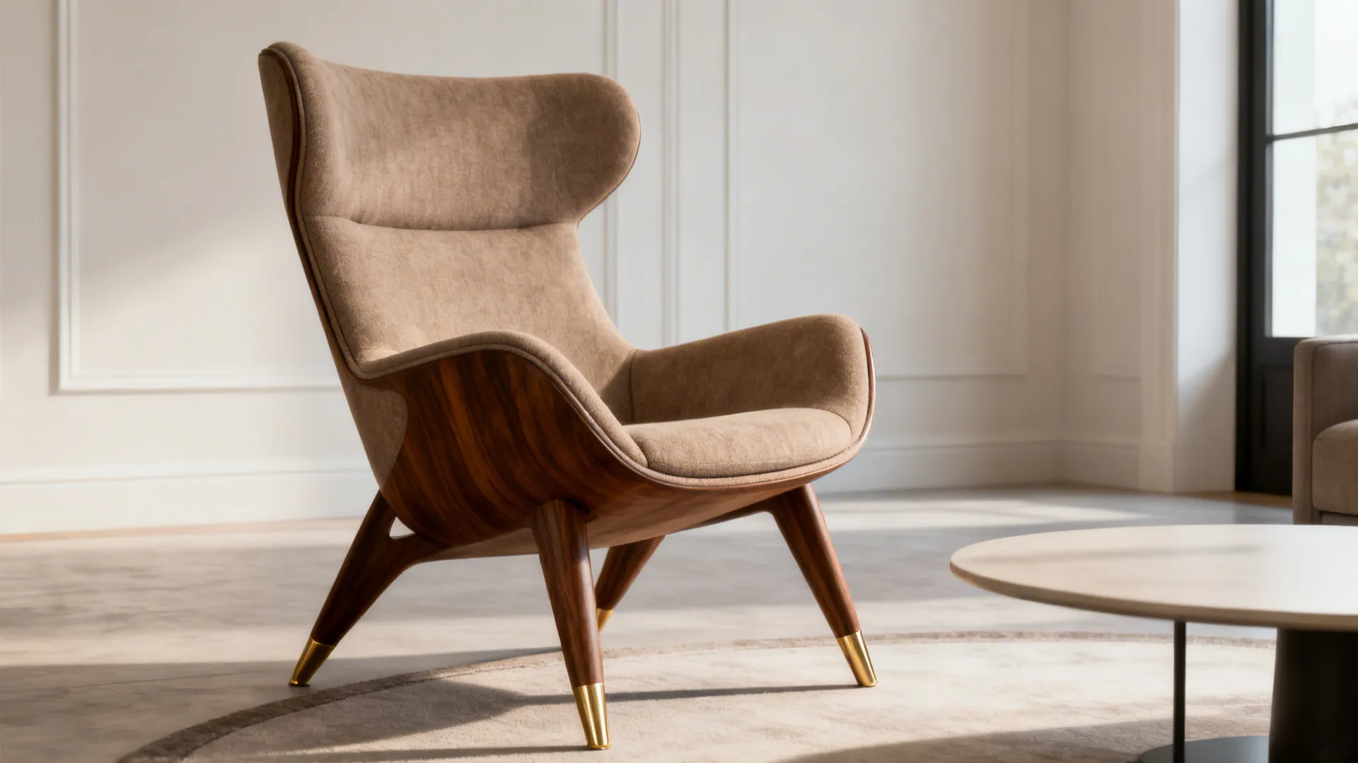 Iconic mid century accent chair paired with a minimal round coffee table in a small living room.
