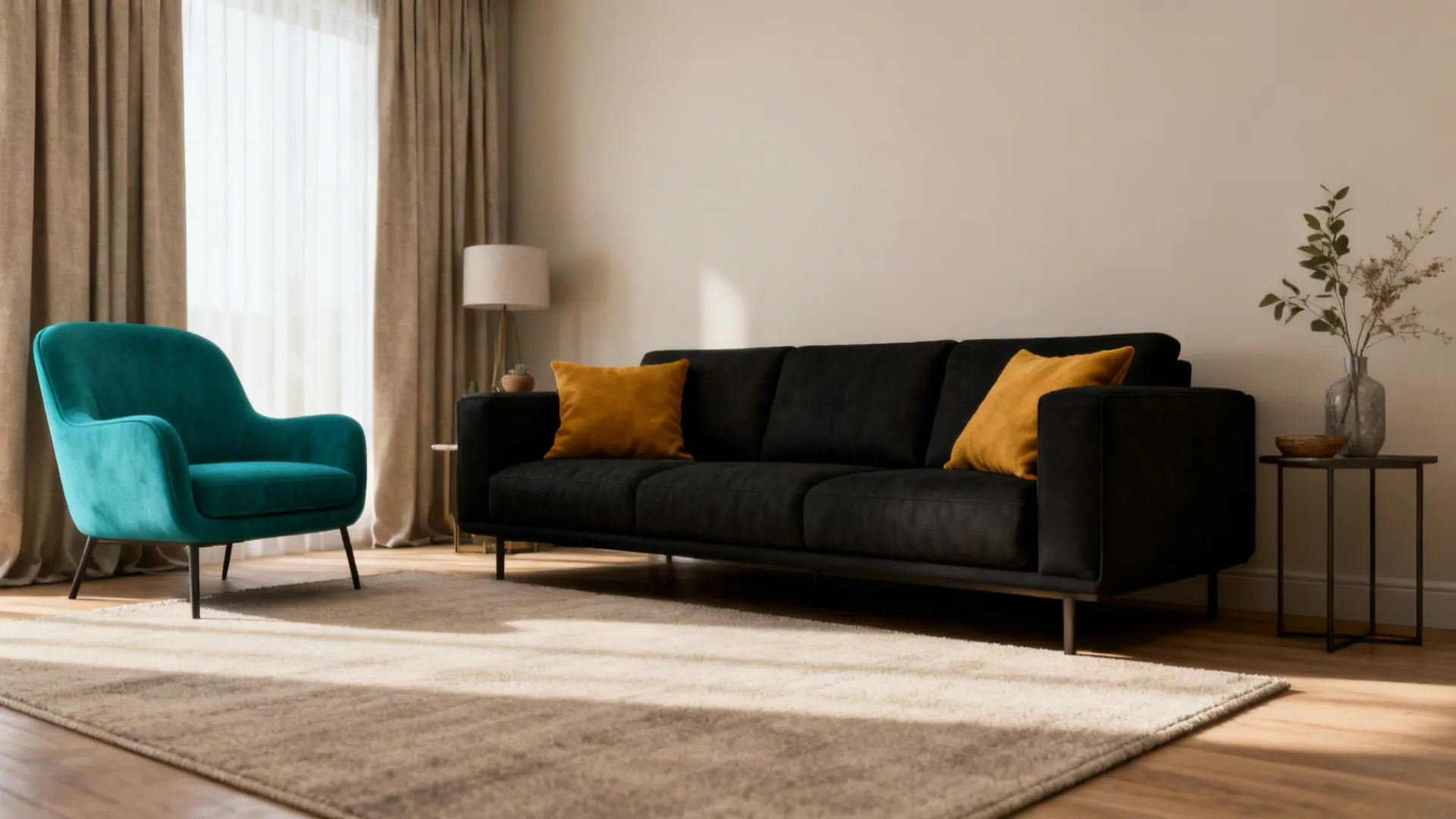 Black sofa paired with a teal accent chair and mustard cushions in a styled living room.
