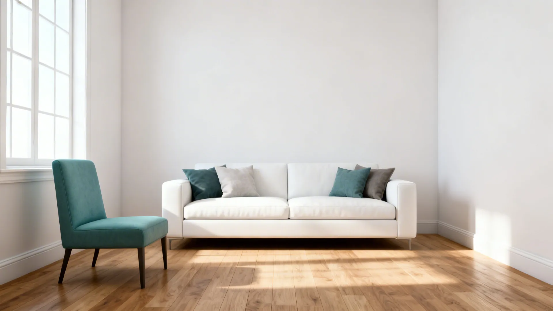 White sofa paired with a slim-profile teal accent chair in a bright living room
