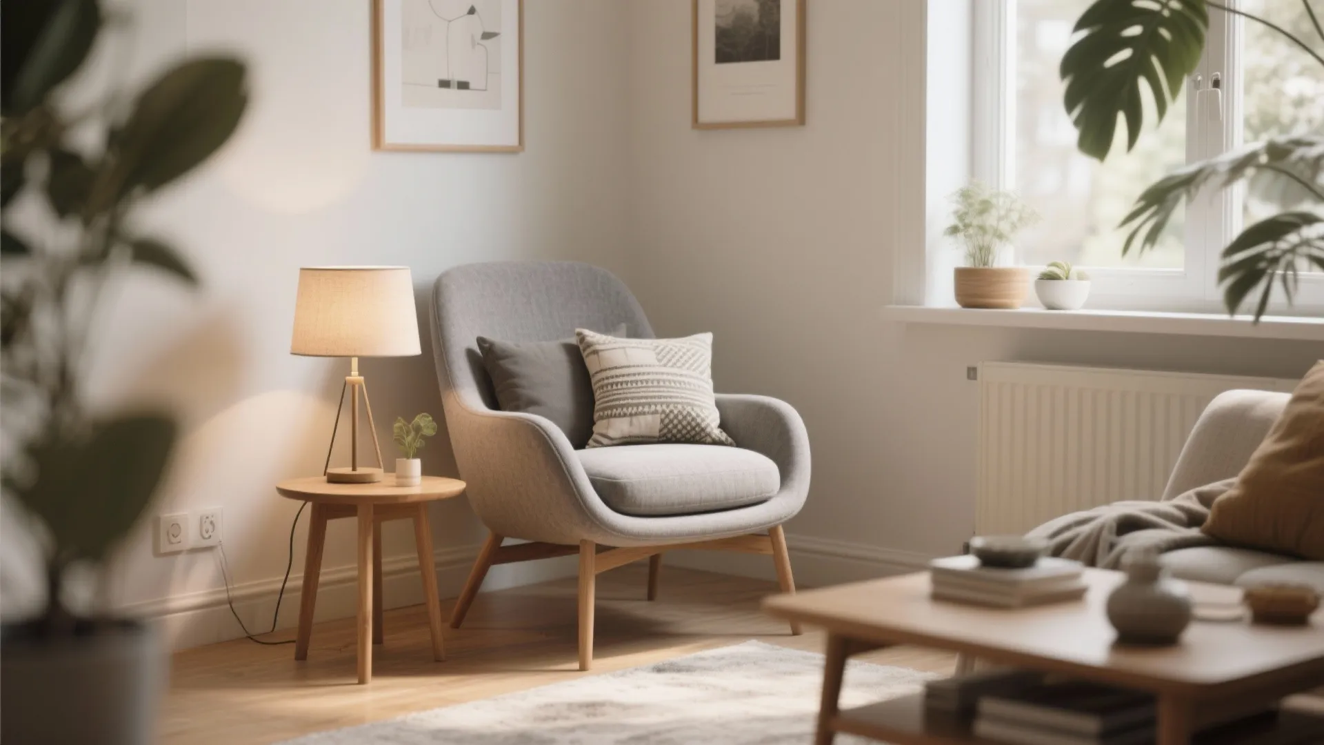 Cozy reading corner with grey armchair and wooden side table and small table lamp design